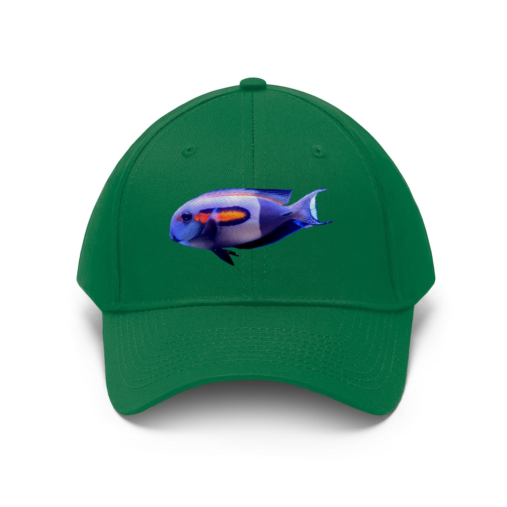 Light White Fish Unisex Twill Hat featuring a classic 6-panel design and adjustable Velcro closure, made from 100% cotton twill.