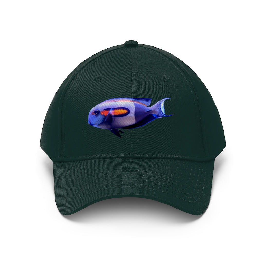 Light White Fish Unisex Twill Hat featuring a classic 6-panel design and adjustable Velcro closure, made from 100% cotton twill.