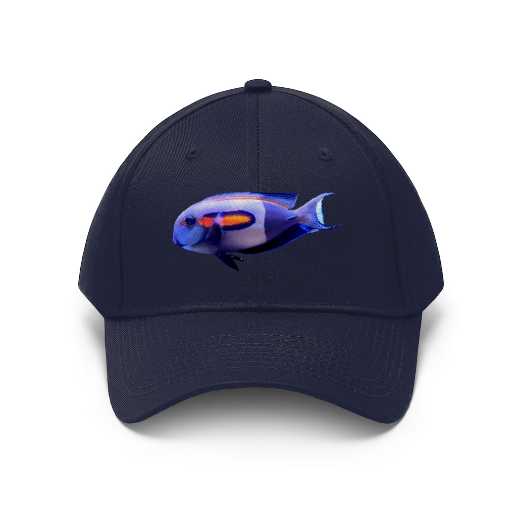 Light White Fish Unisex Twill Hat featuring a classic 6-panel design and adjustable Velcro closure, made from 100% cotton twill.
