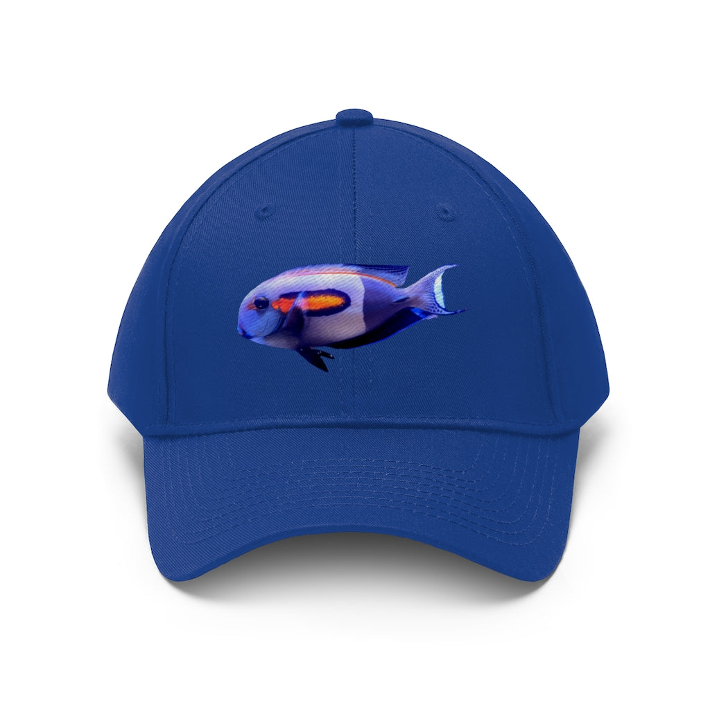 Light White Fish Unisex Twill Hat featuring a classic 6-panel design and adjustable Velcro closure, made from 100% cotton twill.