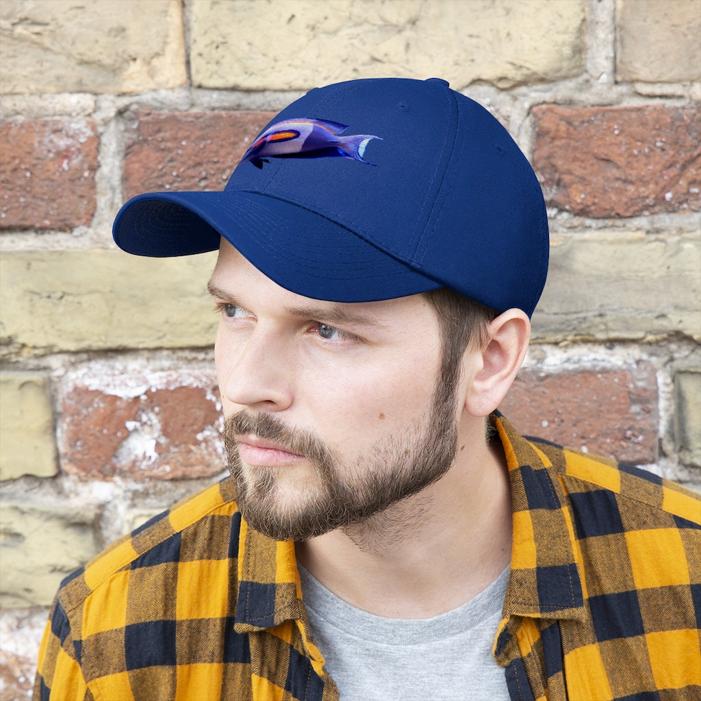 Light White Fish Unisex Twill Hat featuring a classic 6-panel design and adjustable Velcro closure, made from 100% cotton twill.