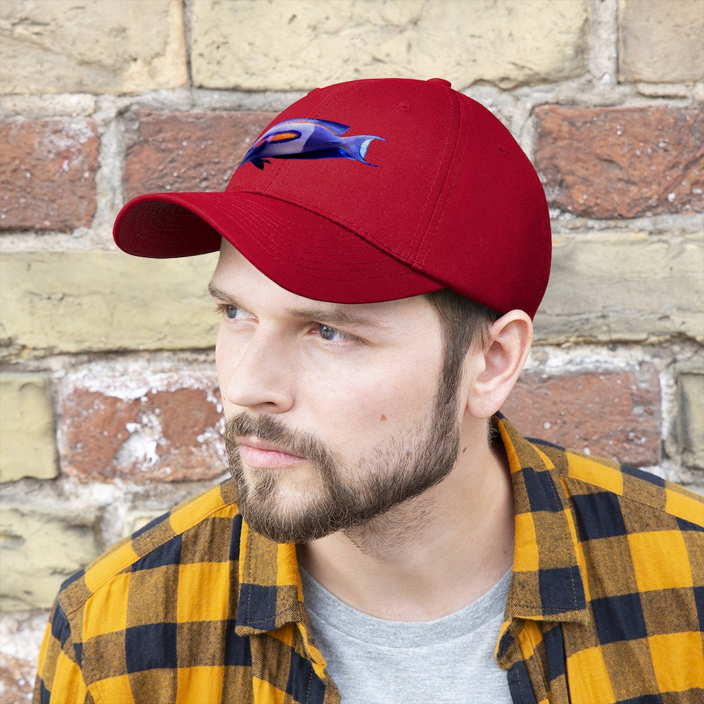 Light White Fish Unisex Twill Hat featuring a classic 6-panel design and adjustable Velcro closure, made from 100% cotton twill.