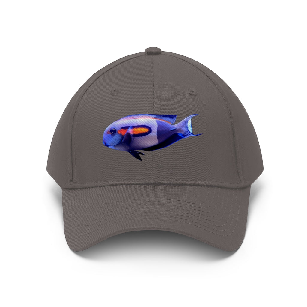 Light White Fish Unisex Twill Hat featuring a classic 6-panel design and adjustable Velcro closure, made from 100% cotton twill.