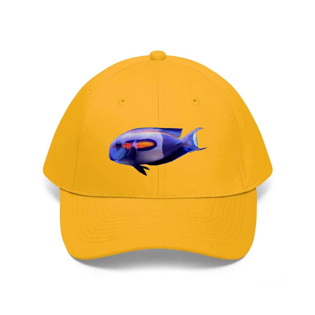 Light White Fish Unisex Twill Hat featuring a classic 6-panel design and adjustable Velcro closure, made from 100% cotton twill.