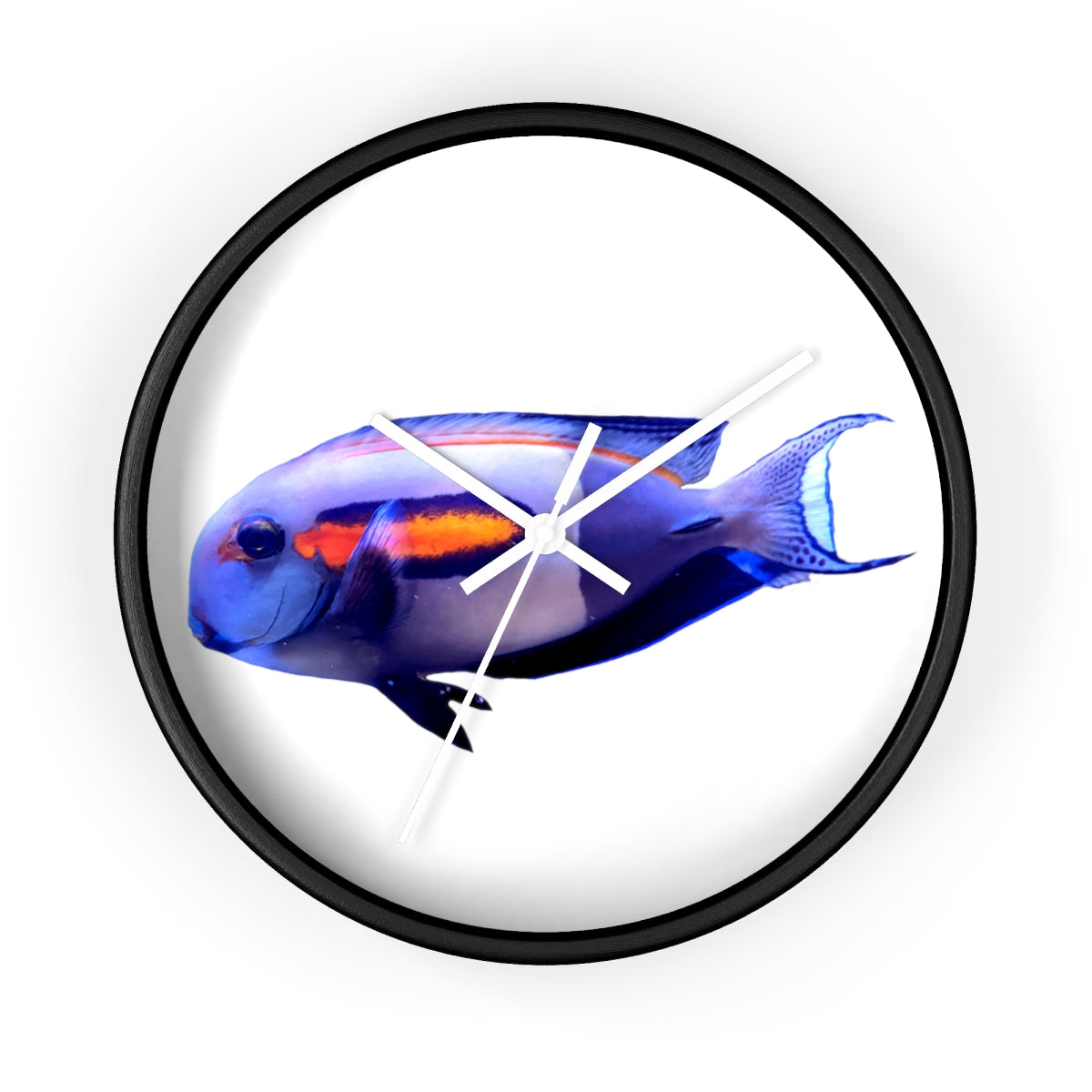 Light White Fish Wall Clock with wooden frame and plexiglass face, featuring a unique fish design.