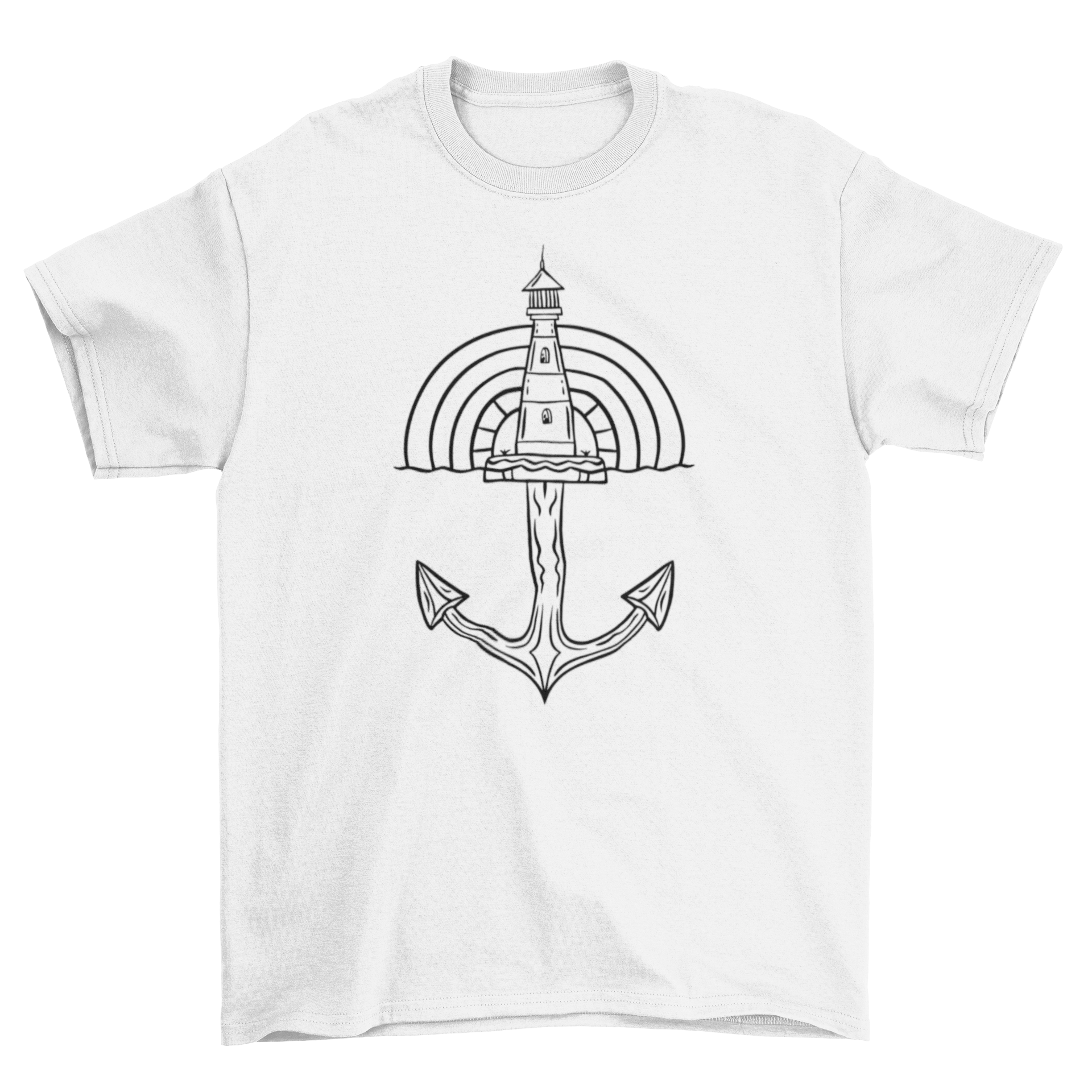 Lighthouse ship anchor t-shirt featuring a lighthouse design over an anchor, perfect for maritime enthusiasts.