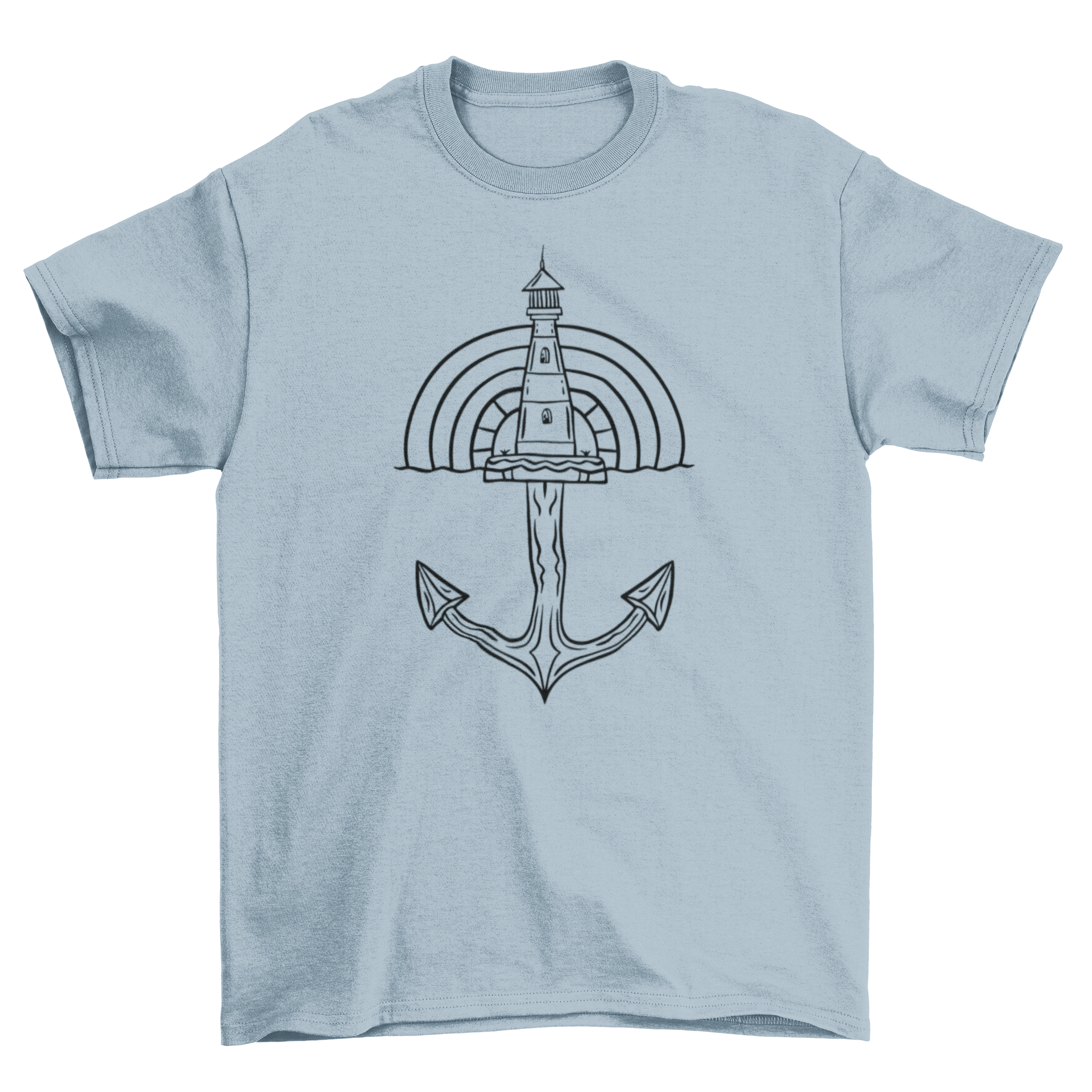 Lighthouse ship anchor t-shirt featuring a lighthouse design over an anchor, perfect for maritime enthusiasts.