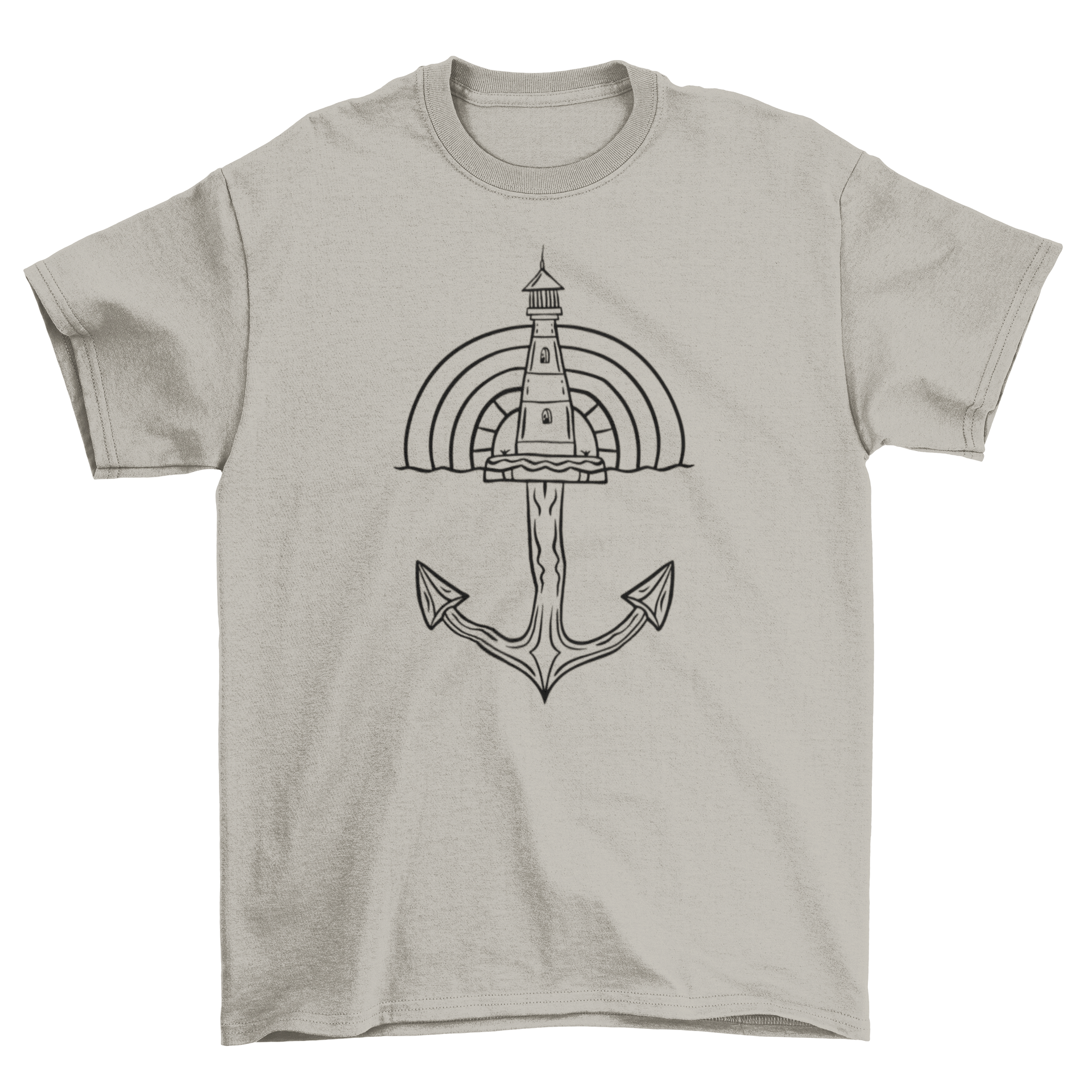 Lighthouse ship anchor t-shirt featuring a lighthouse design over an anchor, perfect for maritime enthusiasts.