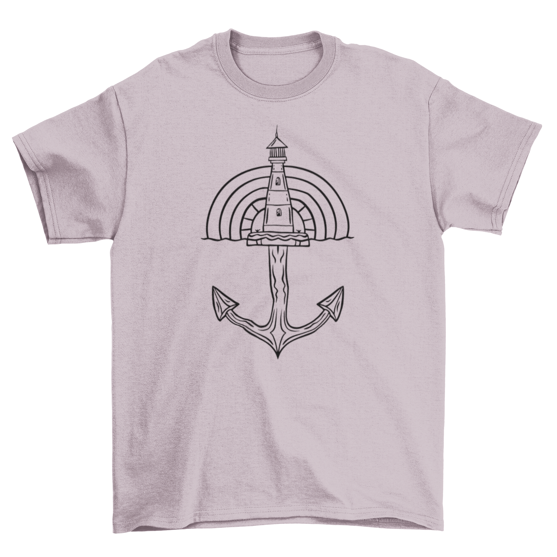Lighthouse ship anchor t-shirt featuring a lighthouse design over an anchor, perfect for maritime enthusiasts.