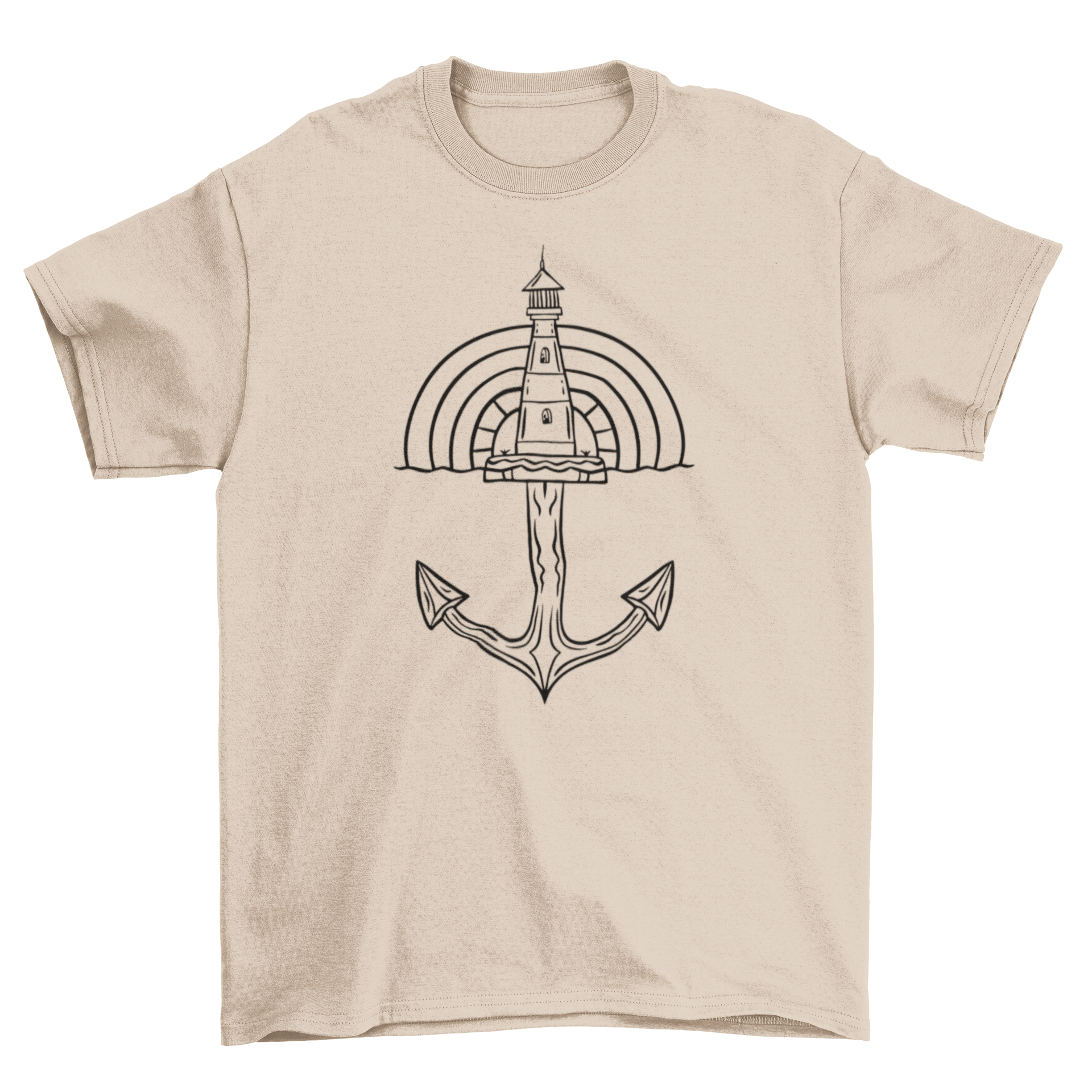 Lighthouse ship anchor t-shirt featuring a lighthouse design over an anchor, perfect for maritime enthusiasts.