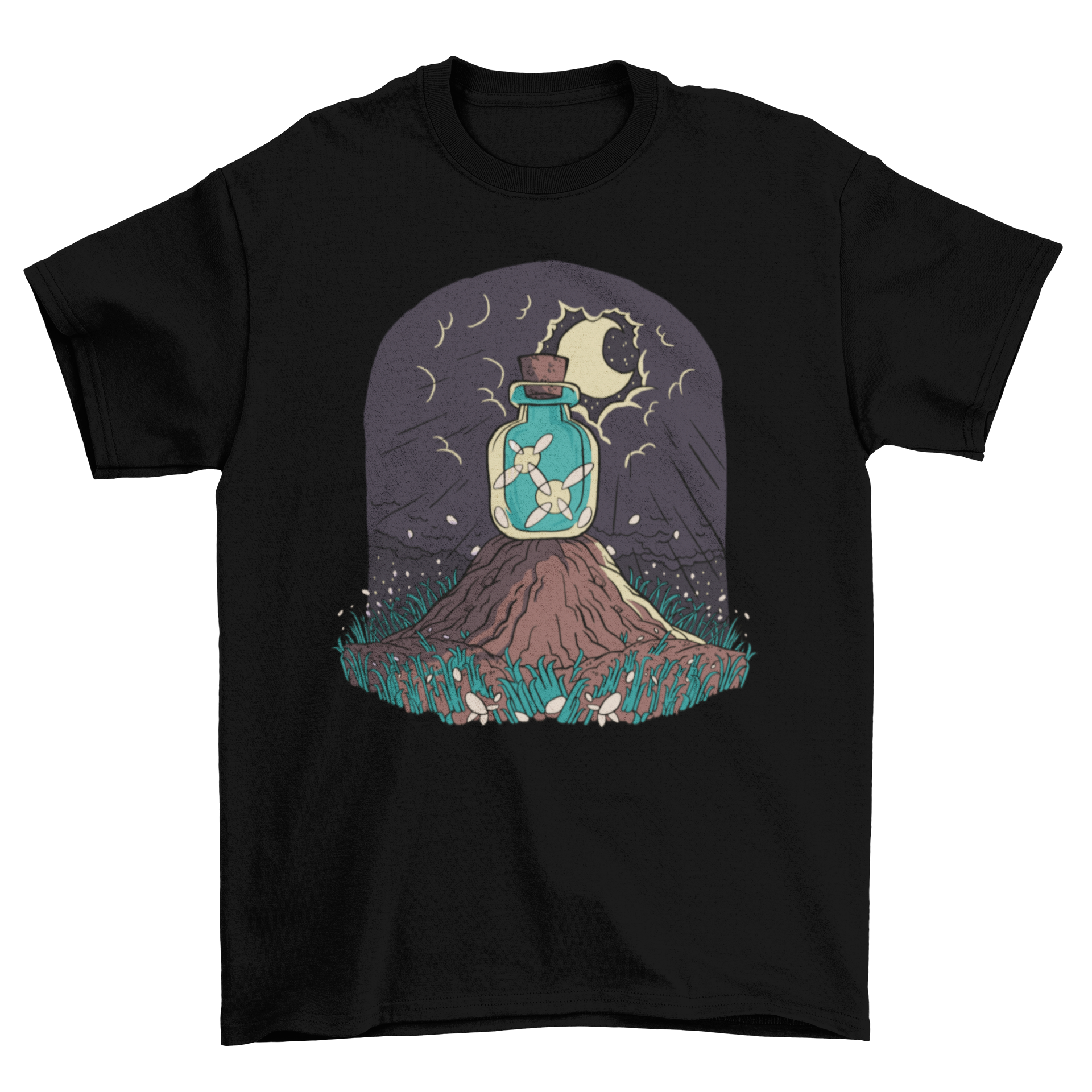 A stylish t-shirt featuring a jar with glowing lights over a mountain landscape under a moonlit sky.