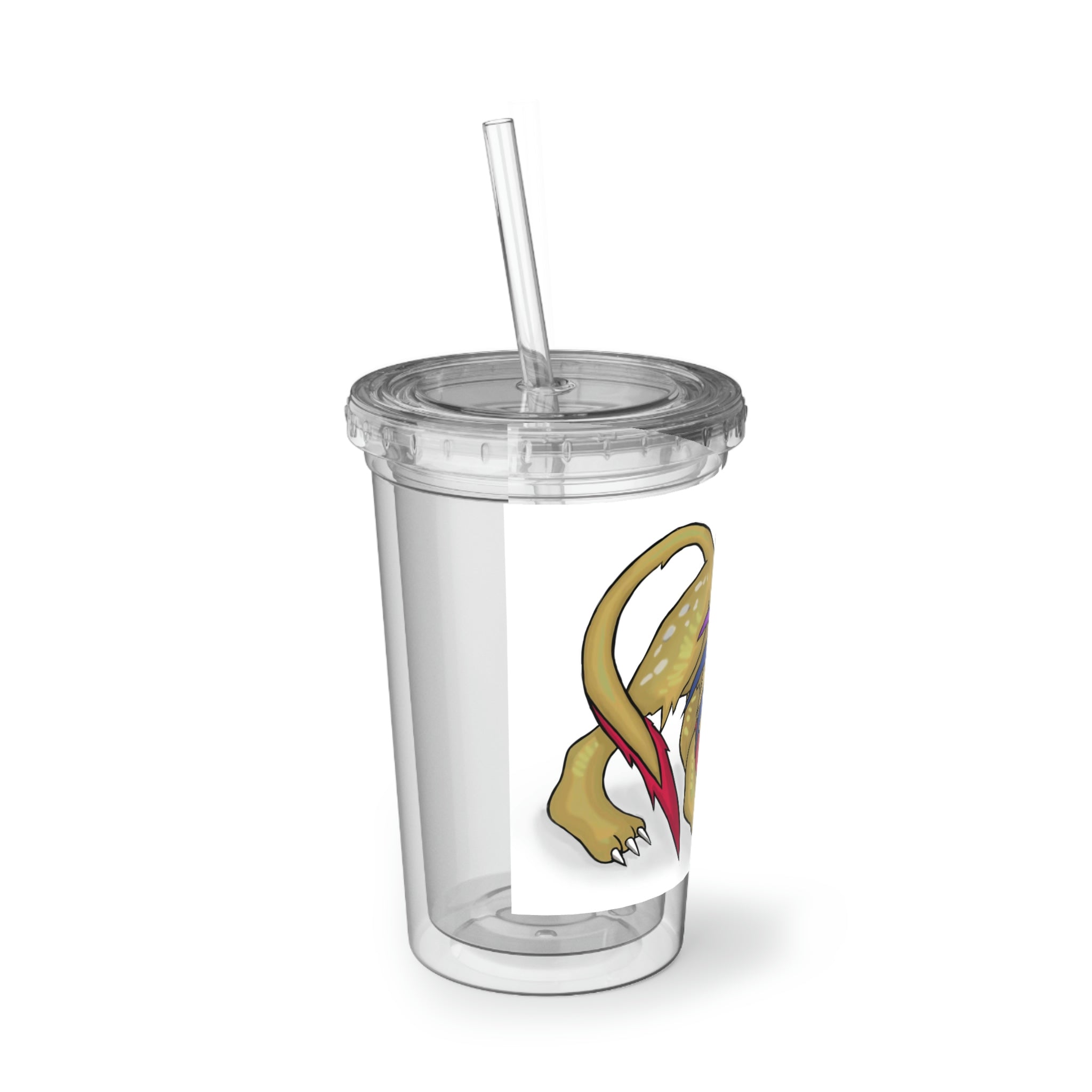 Lilions Suave Acrylic Cup with double-wall insulation, featuring vibrant customizable artwork and a plastic lid with a straw.