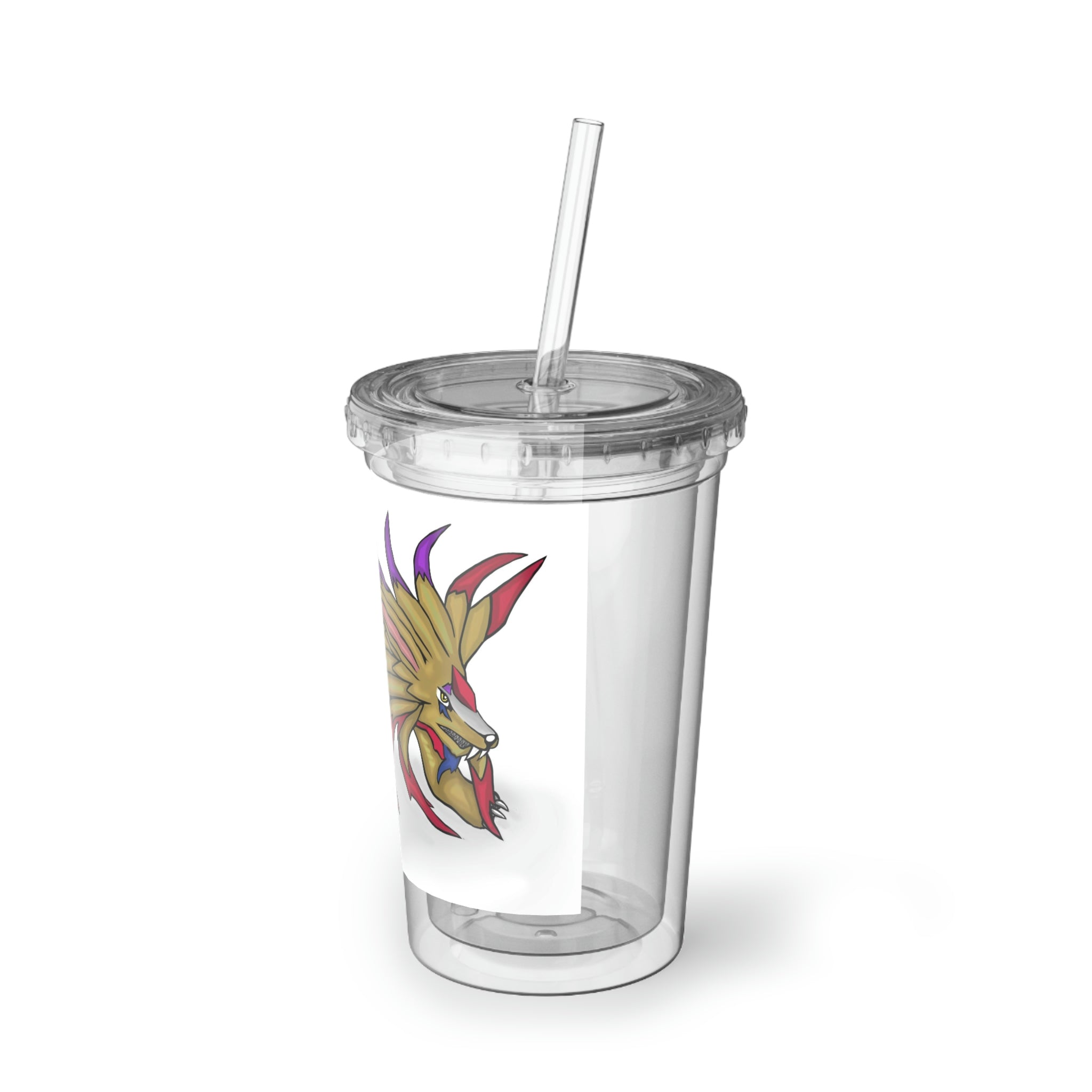 Lilions Suave Acrylic Cup with double-wall insulation, featuring vibrant customizable artwork and a plastic lid with a straw.