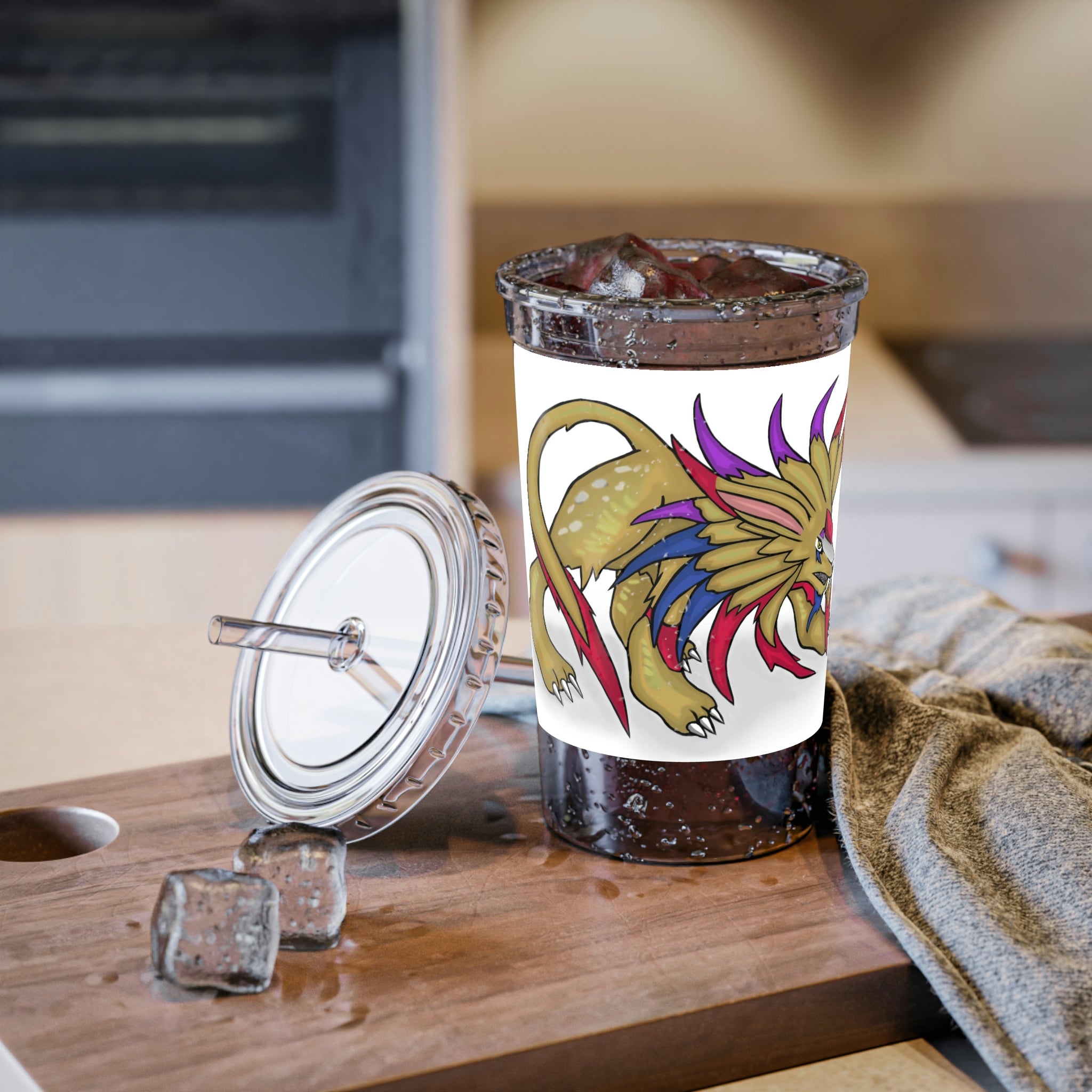 Lilions Suave Acrylic Cup with double-wall insulation, featuring vibrant customizable artwork and a plastic lid with a straw.