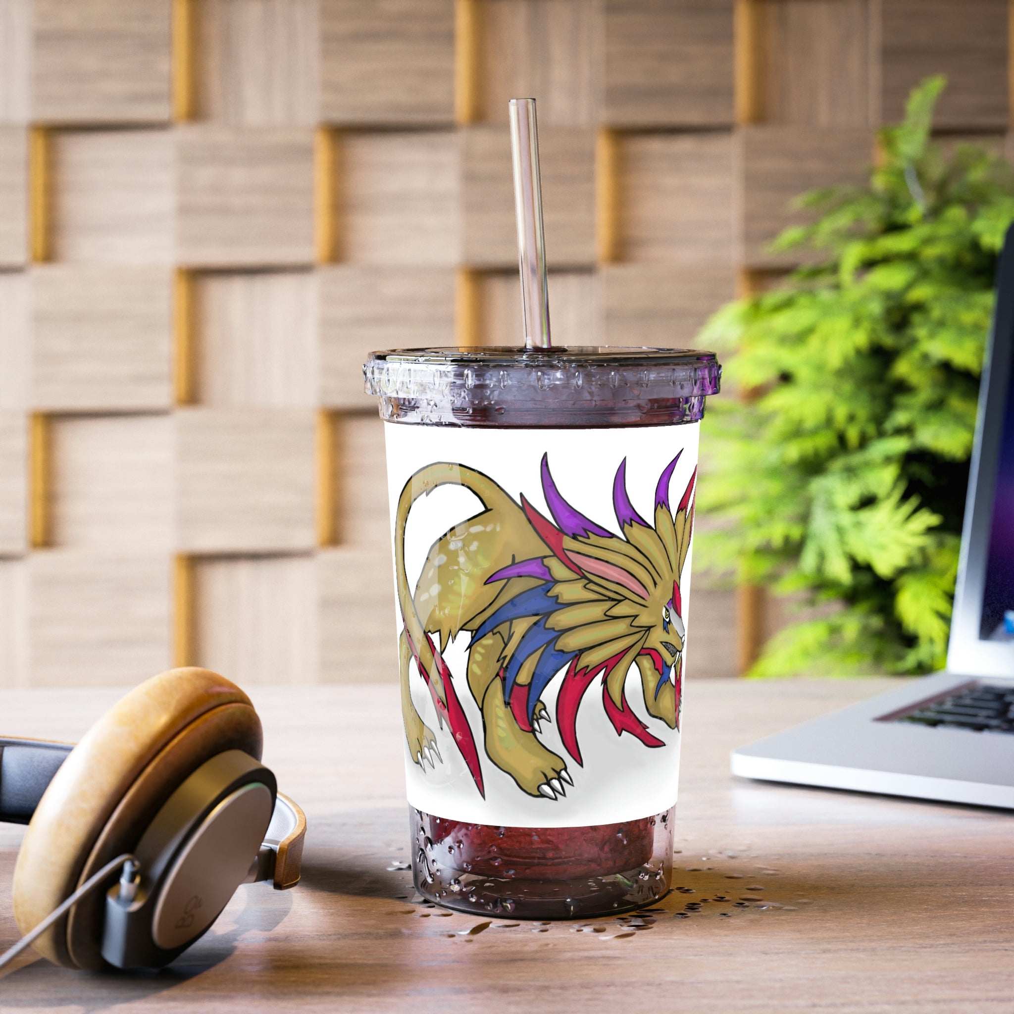 Lilions Suave Acrylic Cup with double-wall insulation, featuring vibrant customizable artwork and a plastic lid with a straw.