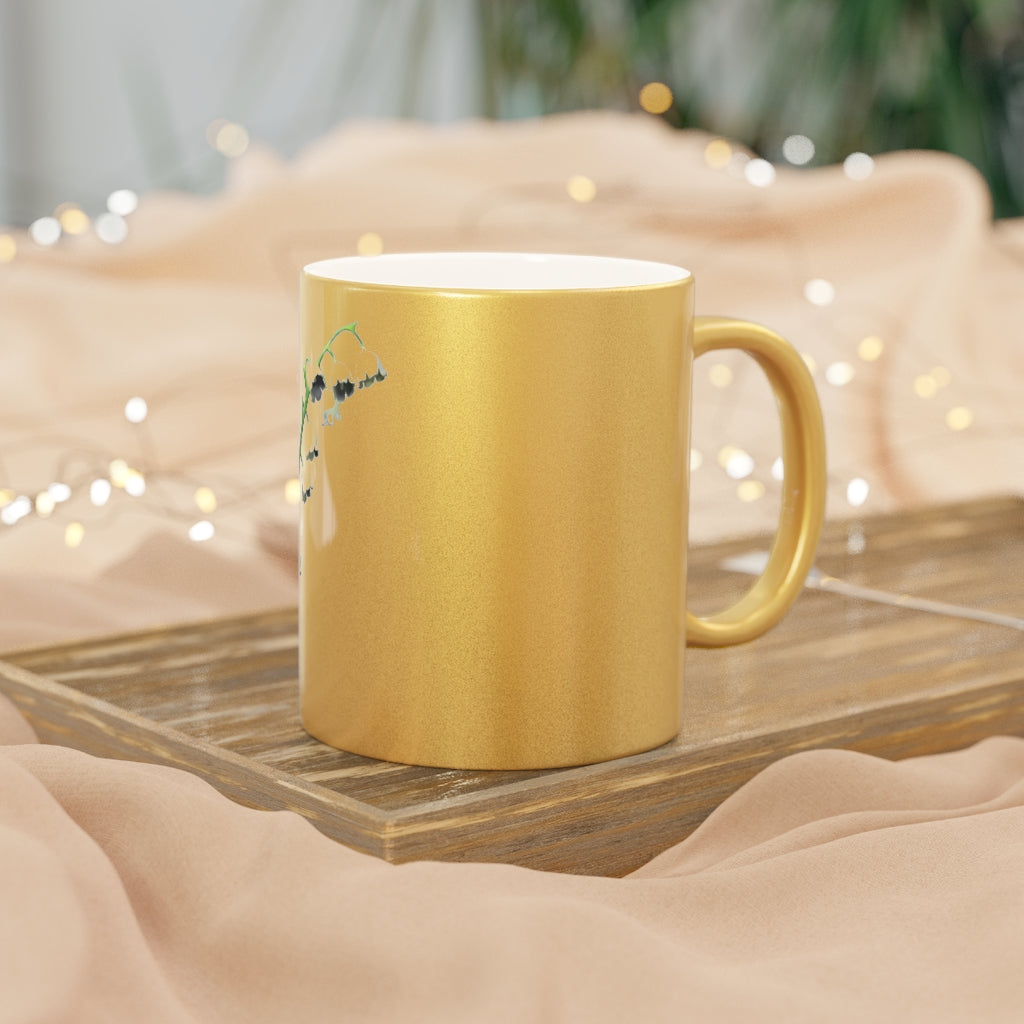 Lilly Metallic Mug in Gold and Silver finishes, showcasing personalized designs and a comfortable C-handle.