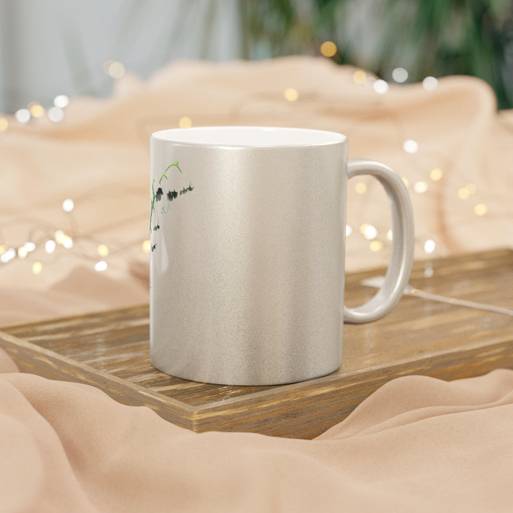 Lilly Metallic Mug in Gold and Silver finishes, showcasing personalized designs and a comfortable C-handle.