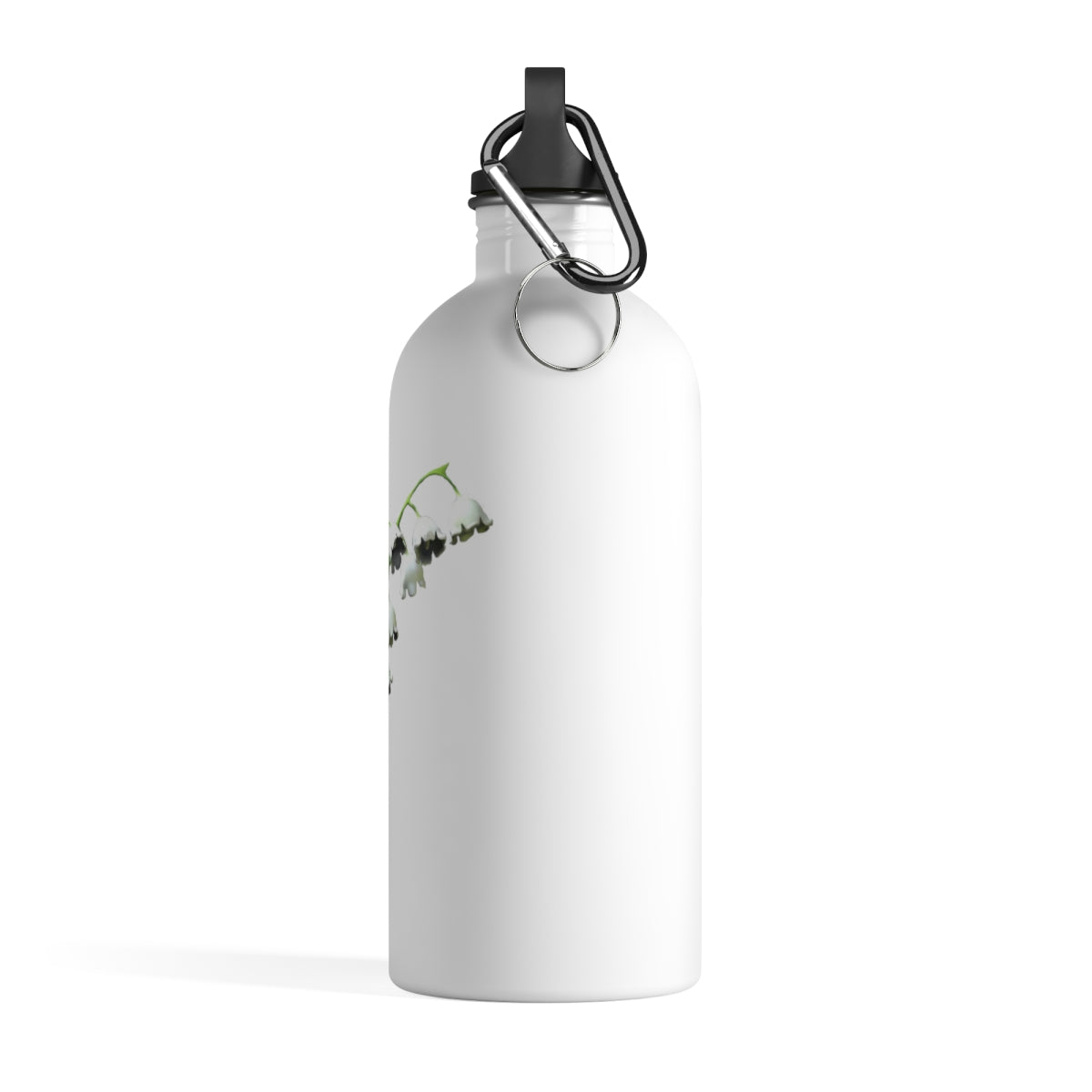 Lilly Stainless Steel Water Bottle with a stylish print and plastic screw top, featuring a carabiner and keychain ring.
