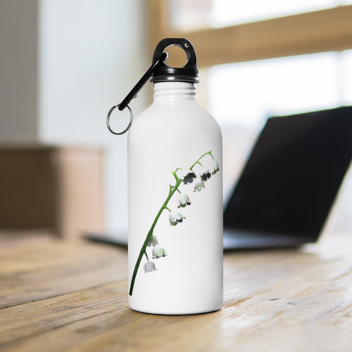 Lilly Stainless Steel Water Bottle with a stylish print and plastic screw top, featuring a carabiner and keychain ring.