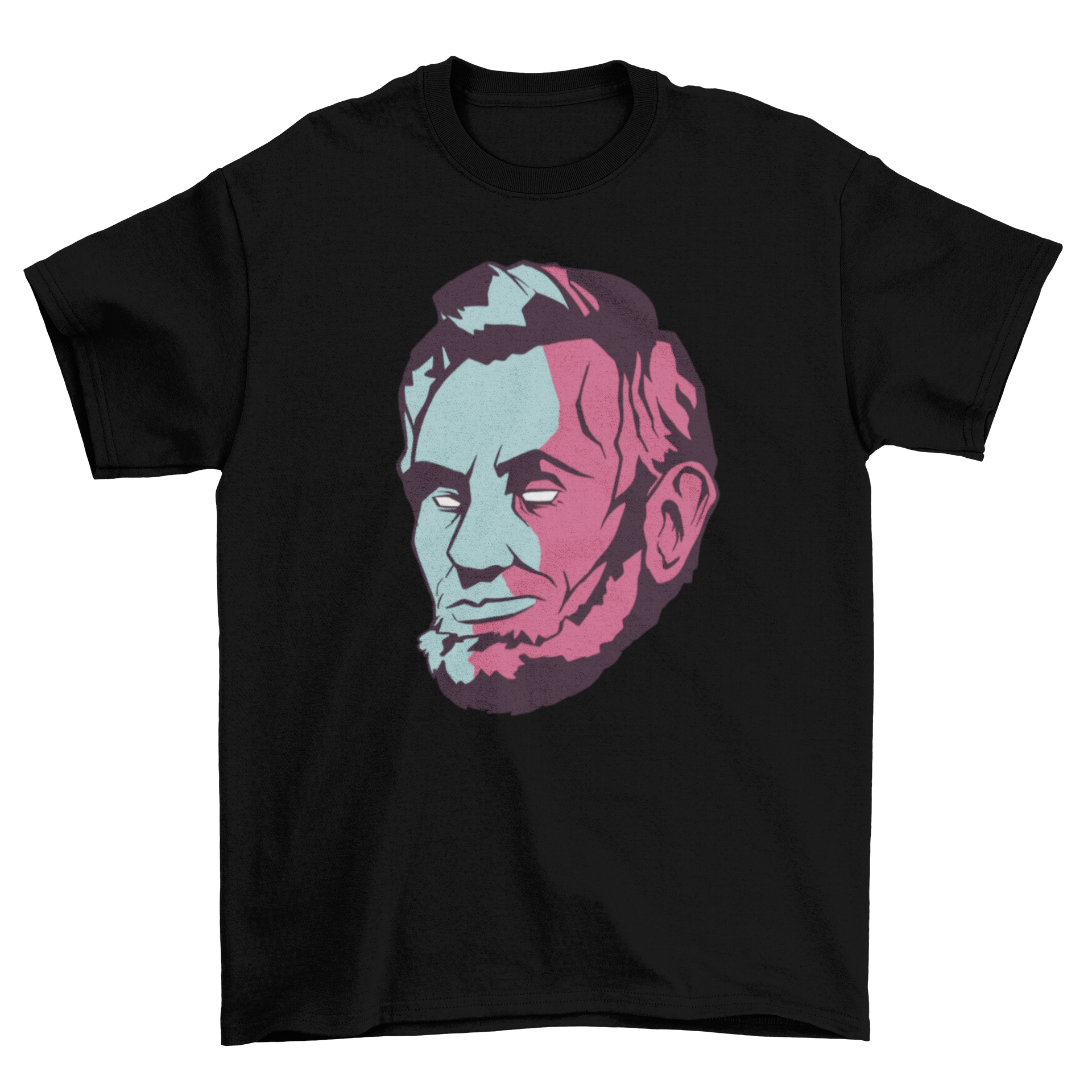 Lincoln head duotone t-shirt featuring a modern design of Abraham Lincoln's head in vibrant colors.