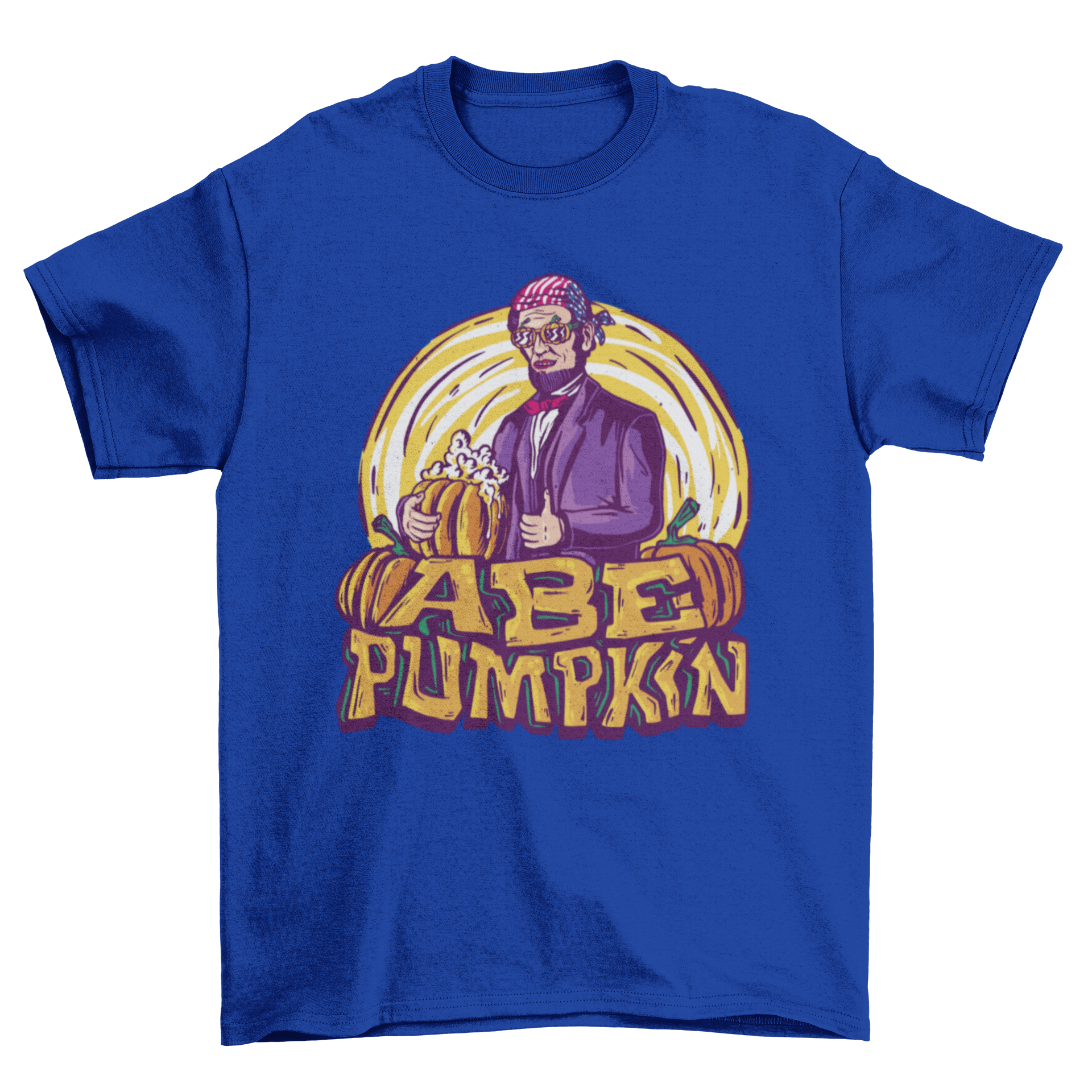 Abe pumpkin Halloween t-shirt featuring Abraham Lincoln holding a pumpkin with the quote 'Abe pumpkin'.