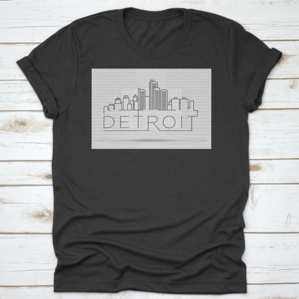 A stylish Linear Detroit City Silhouette T-shirt featuring a unique typographic design, made from soft cotton fabric.