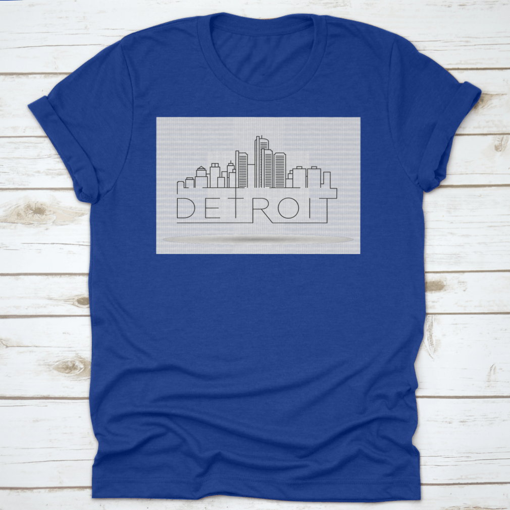 A stylish Linear Detroit City Silhouette T-shirt featuring a unique typographic design, made from soft cotton fabric.