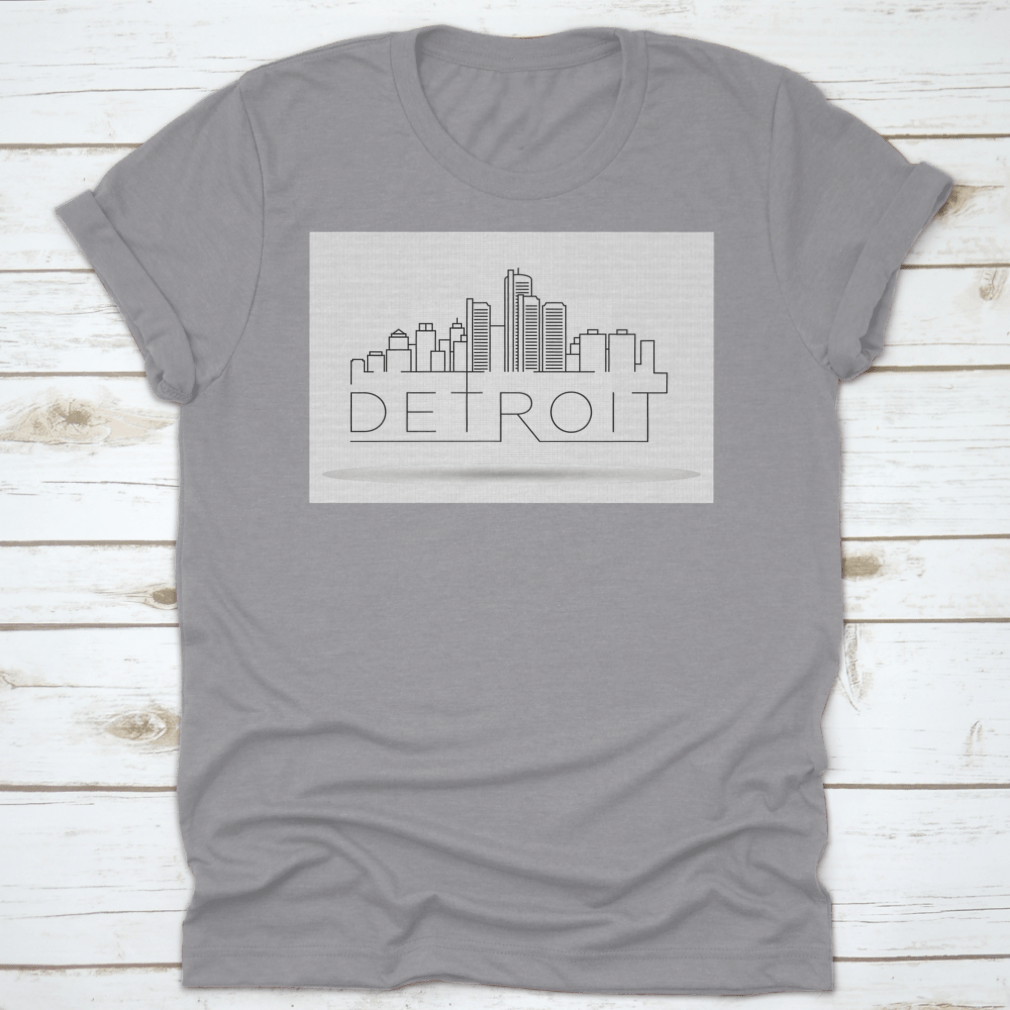 A stylish Linear Detroit City Silhouette T-shirt featuring a unique typographic design, made from soft cotton fabric.