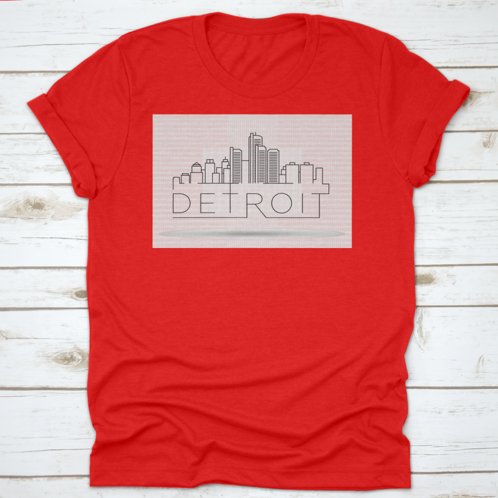 A stylish Linear Detroit City Silhouette T-shirt featuring a unique typographic design, made from soft cotton fabric.