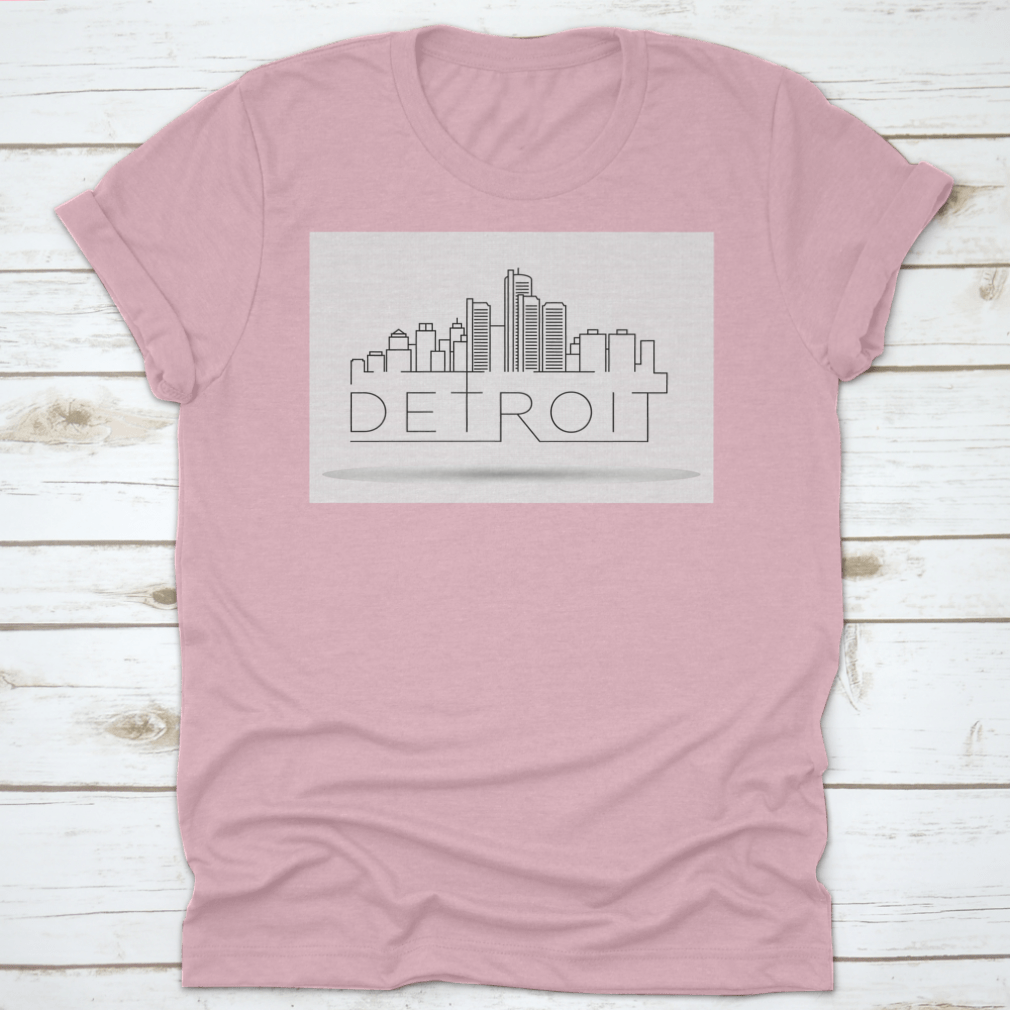 A stylish Linear Detroit City Silhouette T-shirt featuring a unique typographic design, made from soft cotton fabric.