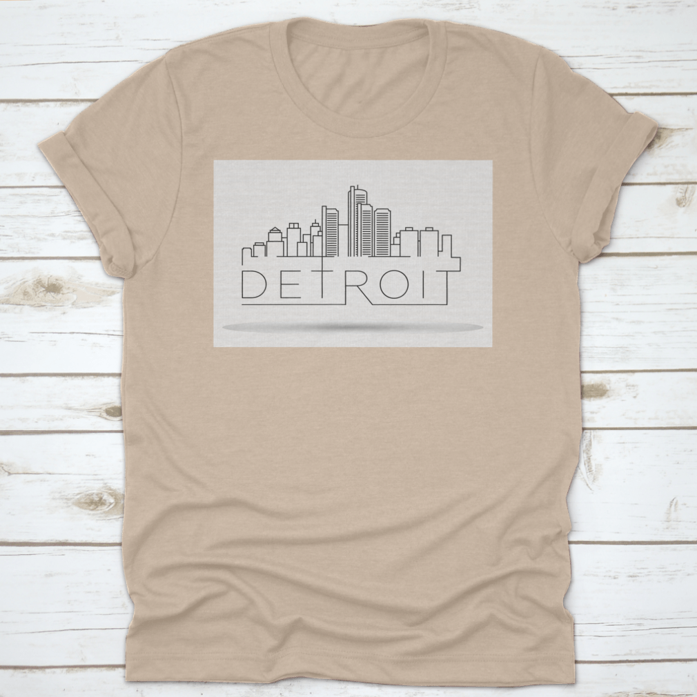 A stylish Linear Detroit City Silhouette T-shirt featuring a unique typographic design, made from soft cotton fabric.