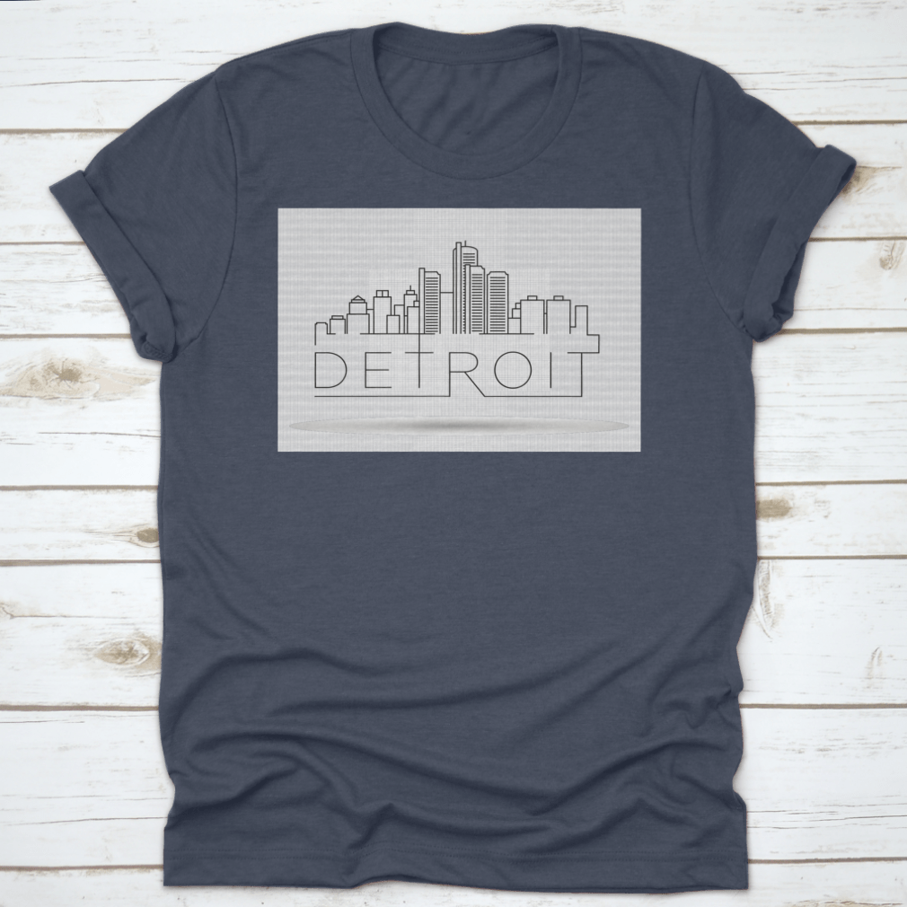 A stylish Linear Detroit City Silhouette T-shirt featuring a unique typographic design, made from soft cotton fabric.