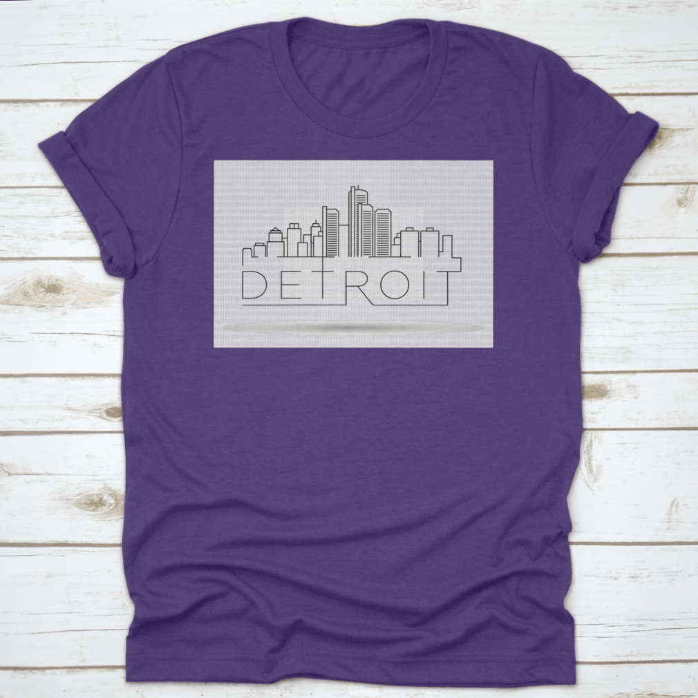A stylish Linear Detroit City Silhouette T-shirt featuring a unique typographic design, made from soft cotton fabric.