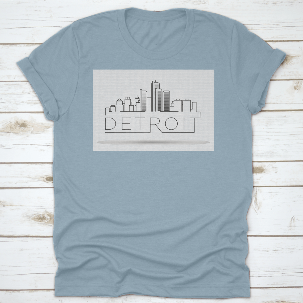 A stylish Linear Detroit City Silhouette T-shirt featuring a unique typographic design, made from soft cotton fabric.