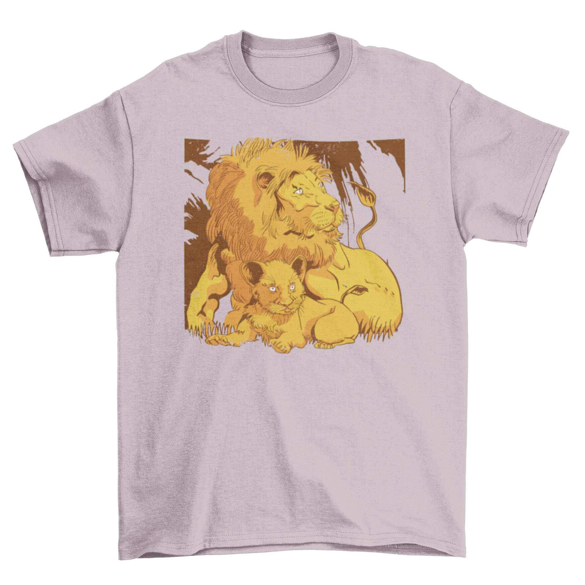 A stylish t-shirt featuring a lion and its cub, showcasing a vibrant design that appeals to animal lovers.
