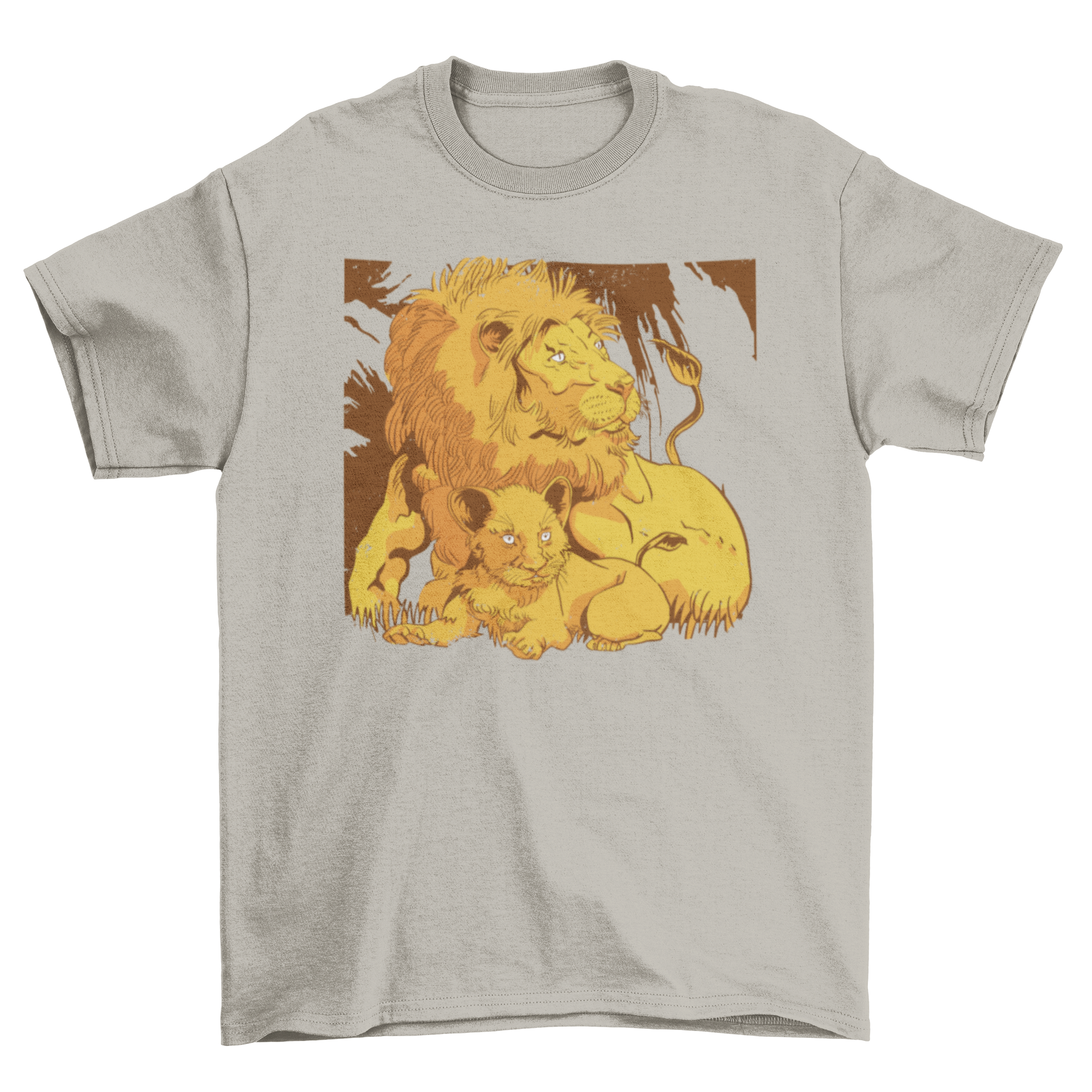 A stylish t-shirt featuring a lion and its cub, showcasing a vibrant design that appeals to animal lovers.