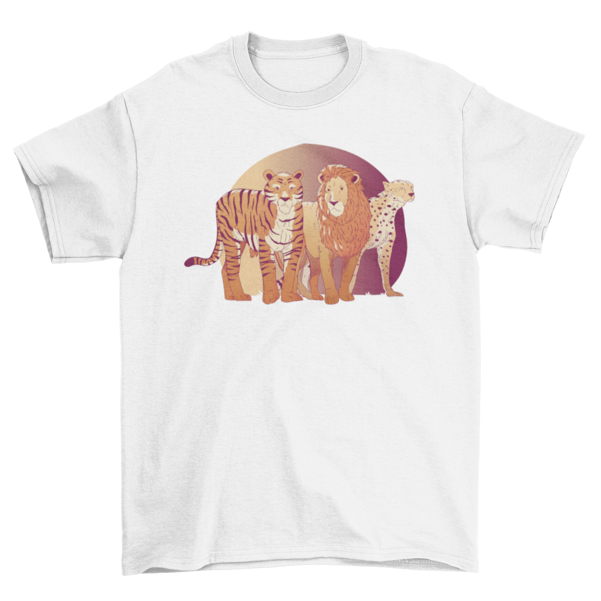 A vibrant t-shirt featuring a lion, cheetah, and tiger graphic design, perfect for animal lovers.
