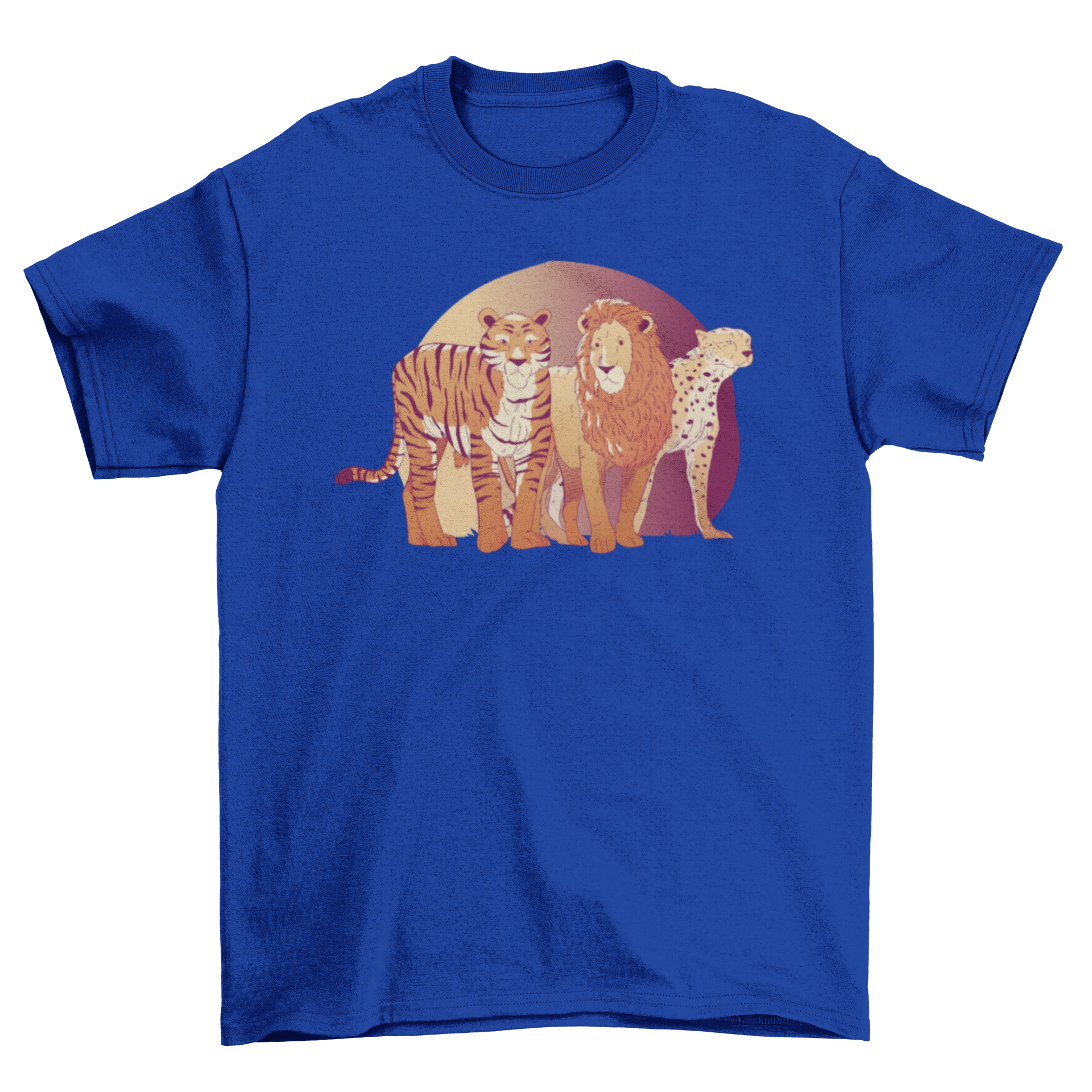 A vibrant t-shirt featuring a lion, cheetah, and tiger graphic design, perfect for animal lovers.