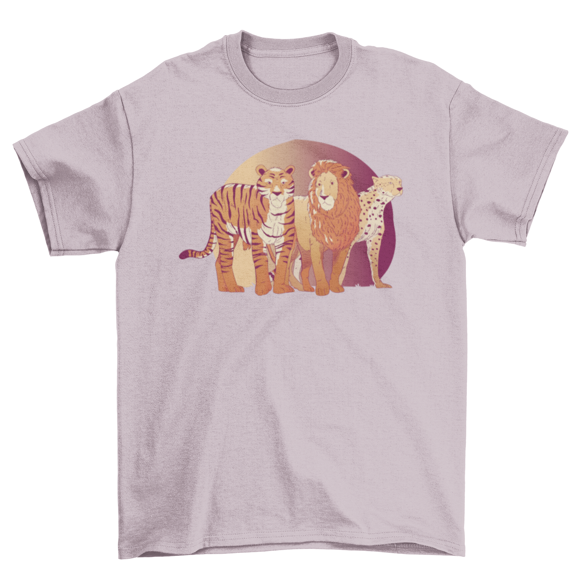 A vibrant t-shirt featuring a lion, cheetah, and tiger graphic design, perfect for animal lovers.