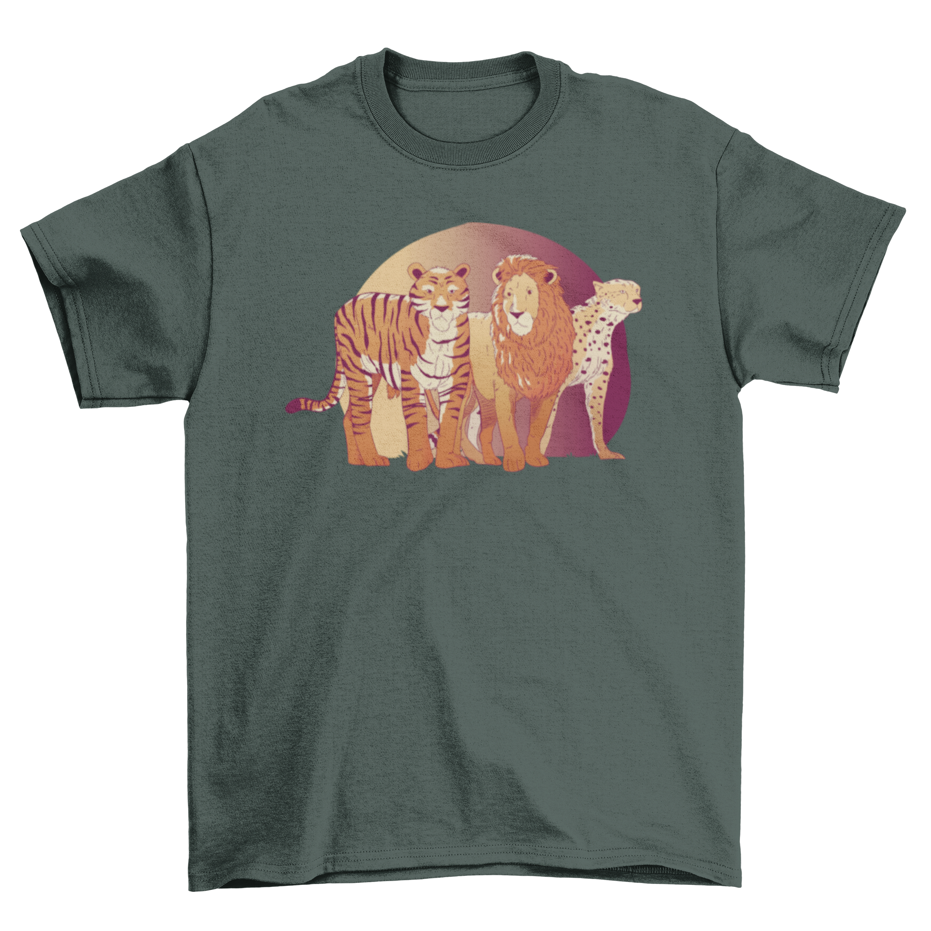 A vibrant t-shirt featuring a lion, cheetah, and tiger graphic design, perfect for animal lovers.