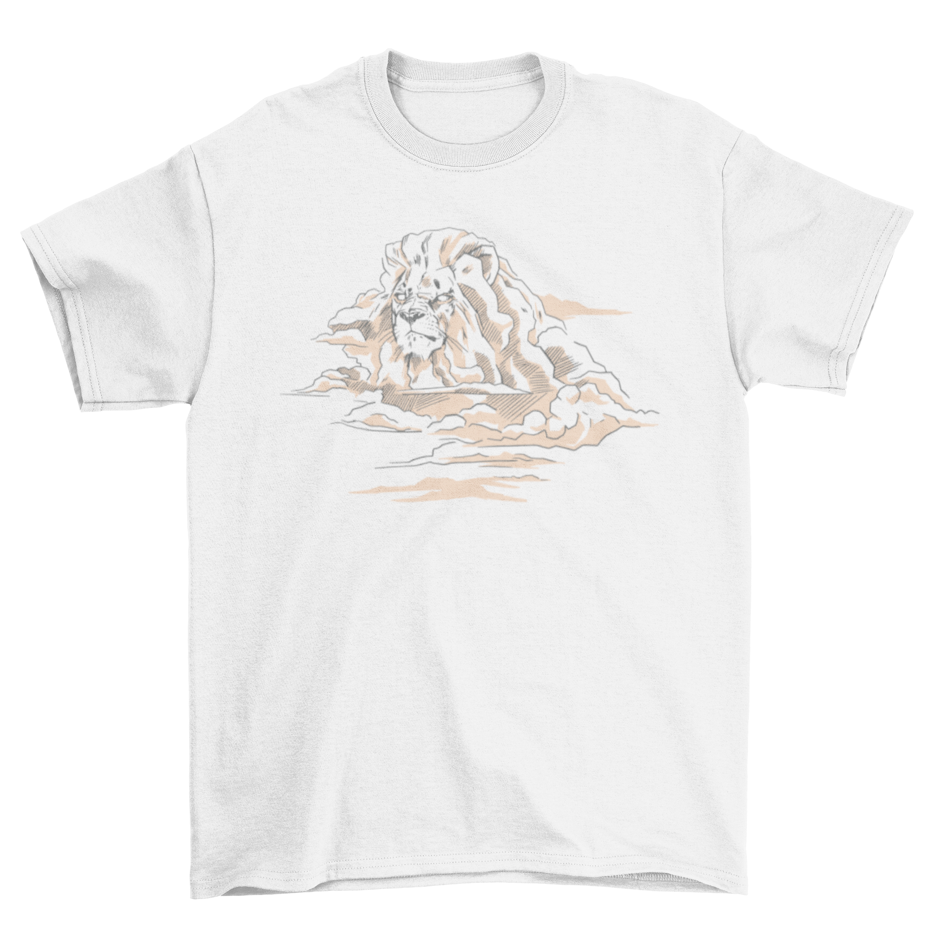 Artistic depiction of a lion's head carved into a mountain, surrounded by clouds, showcasing nature's beauty.