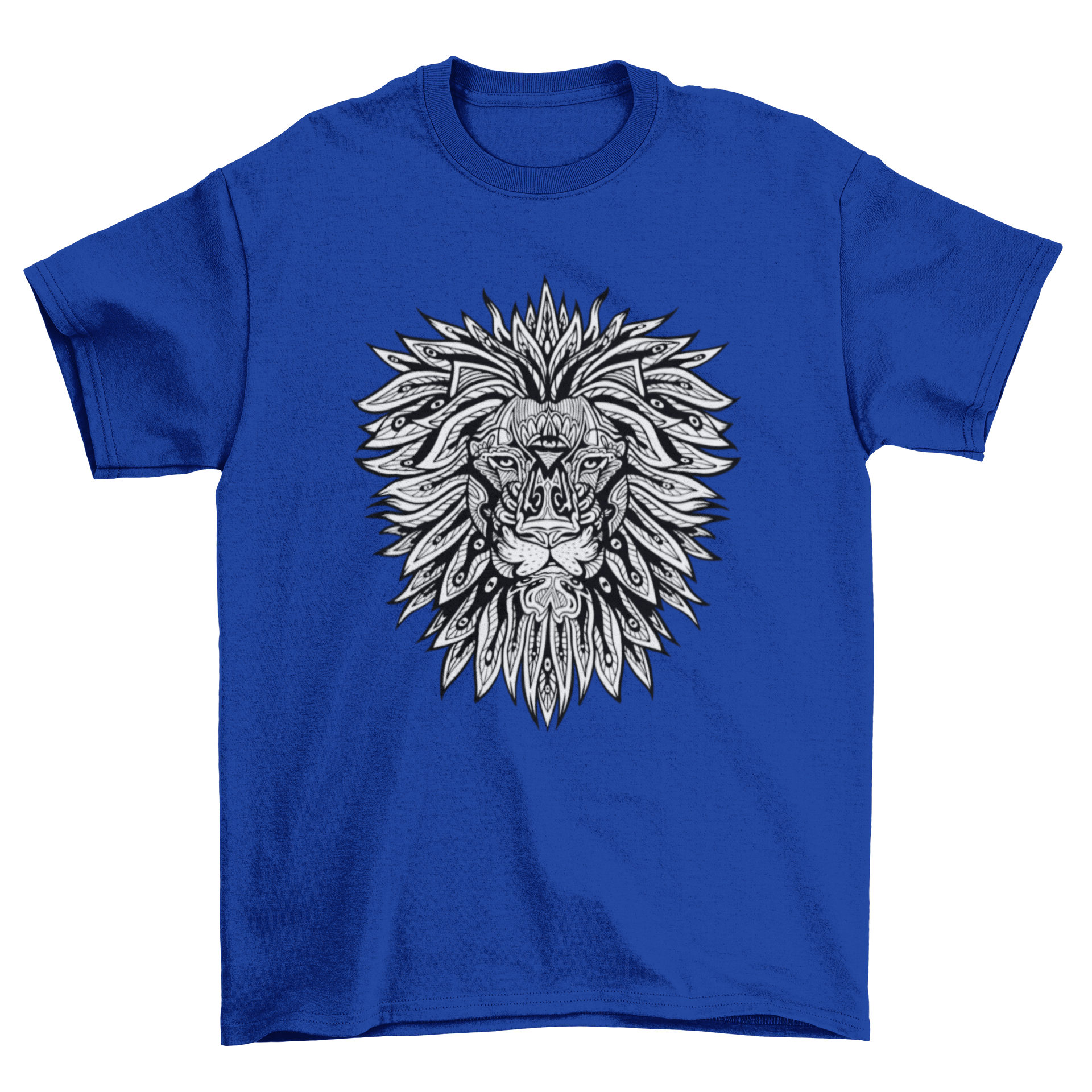 A stylish t-shirt featuring a lion designed in intricate mandala patterns, showcasing vibrant colors and artistic flair.