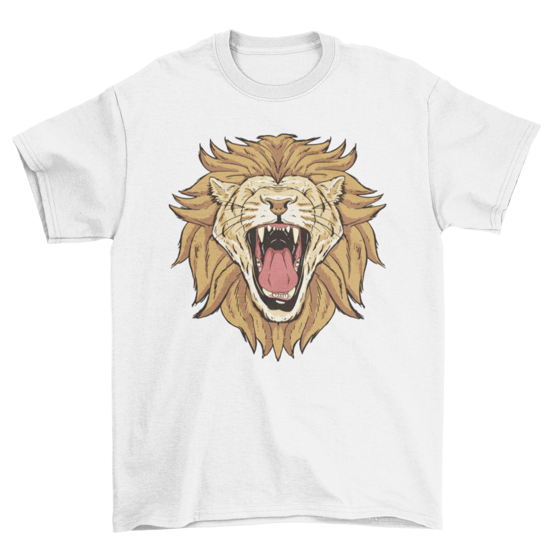A stylish t-shirt featuring a bold graphic of a roaring lion, showcasing vibrant colors and intricate details.