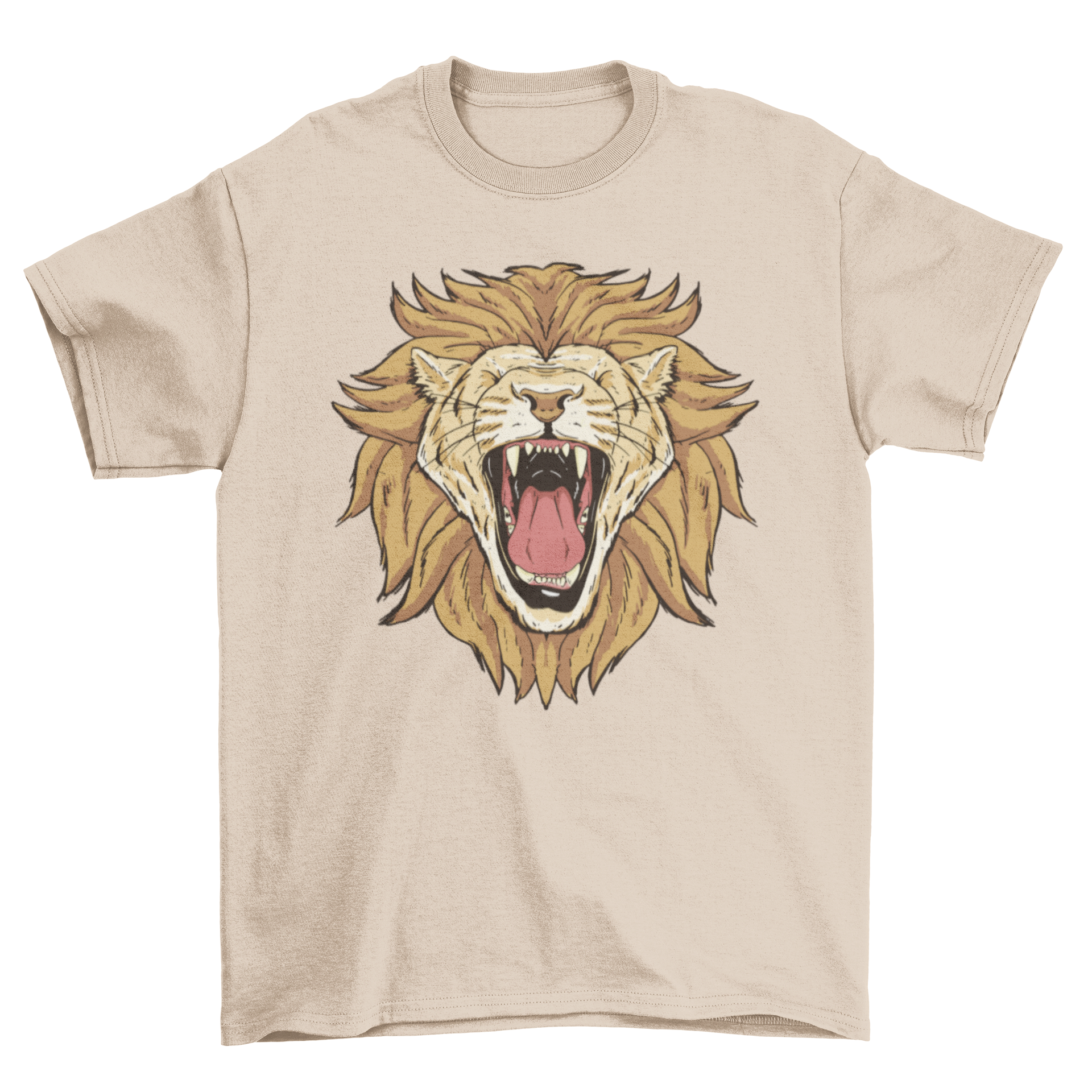 A stylish t-shirt featuring a bold graphic of a roaring lion, showcasing vibrant colors and intricate details.