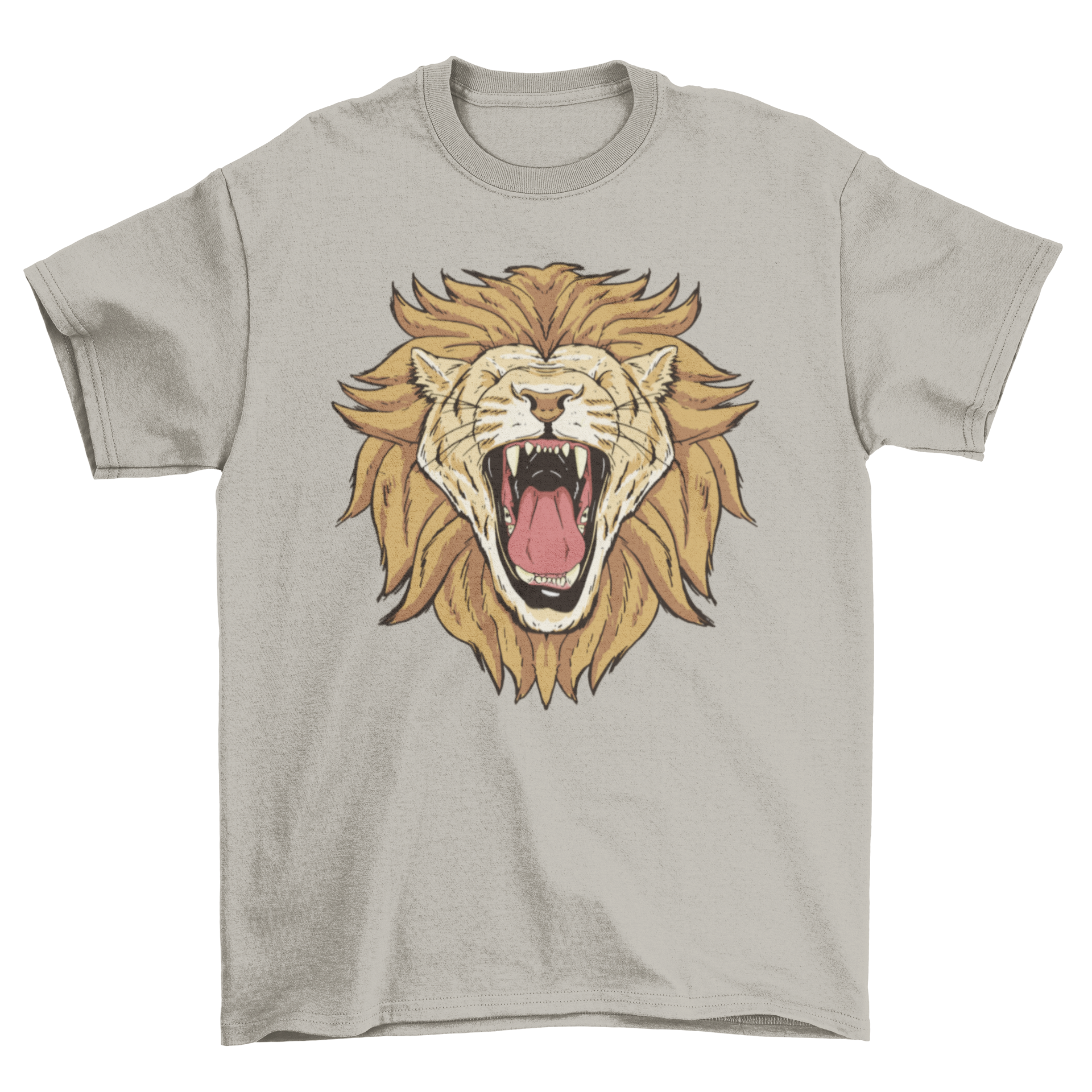 A stylish t-shirt featuring a bold graphic of a roaring lion, showcasing vibrant colors and intricate details.