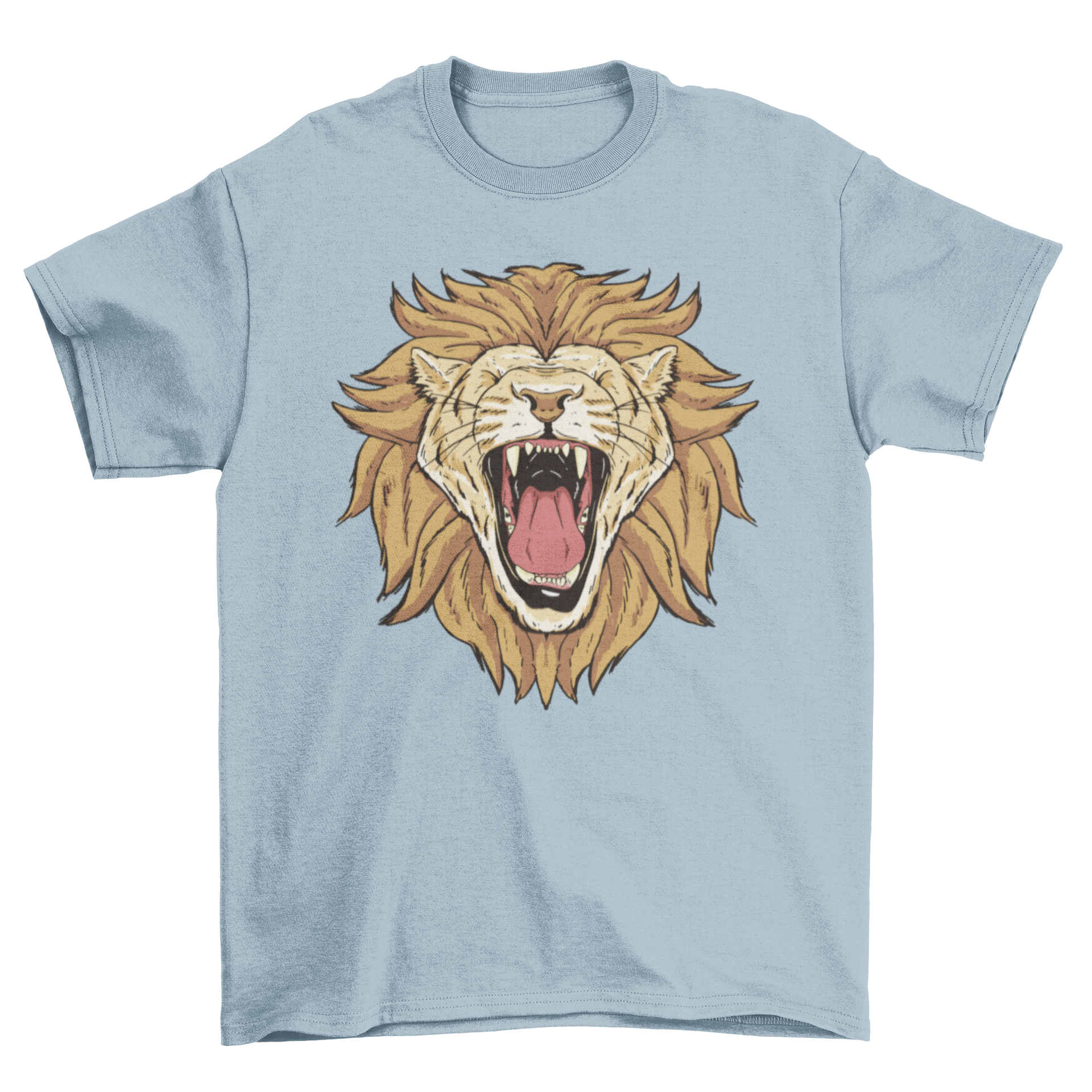 A stylish t-shirt featuring a bold graphic of a roaring lion, showcasing vibrant colors and intricate details.