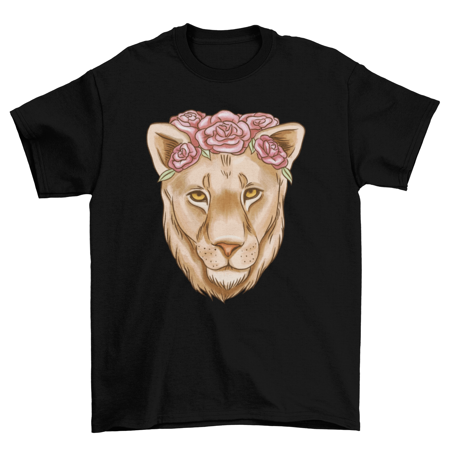 A stylish t-shirt featuring a watercolor illustration of a lioness surrounded by colorful flowers, showcasing artistic design and vibrant colors.