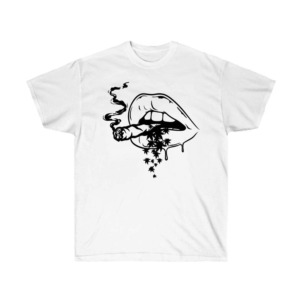 A stylish Lip Dripping Weed T-Shirt made of soft cotton, featuring a vibrant vinyl print of lips dripping with cannabis design.
