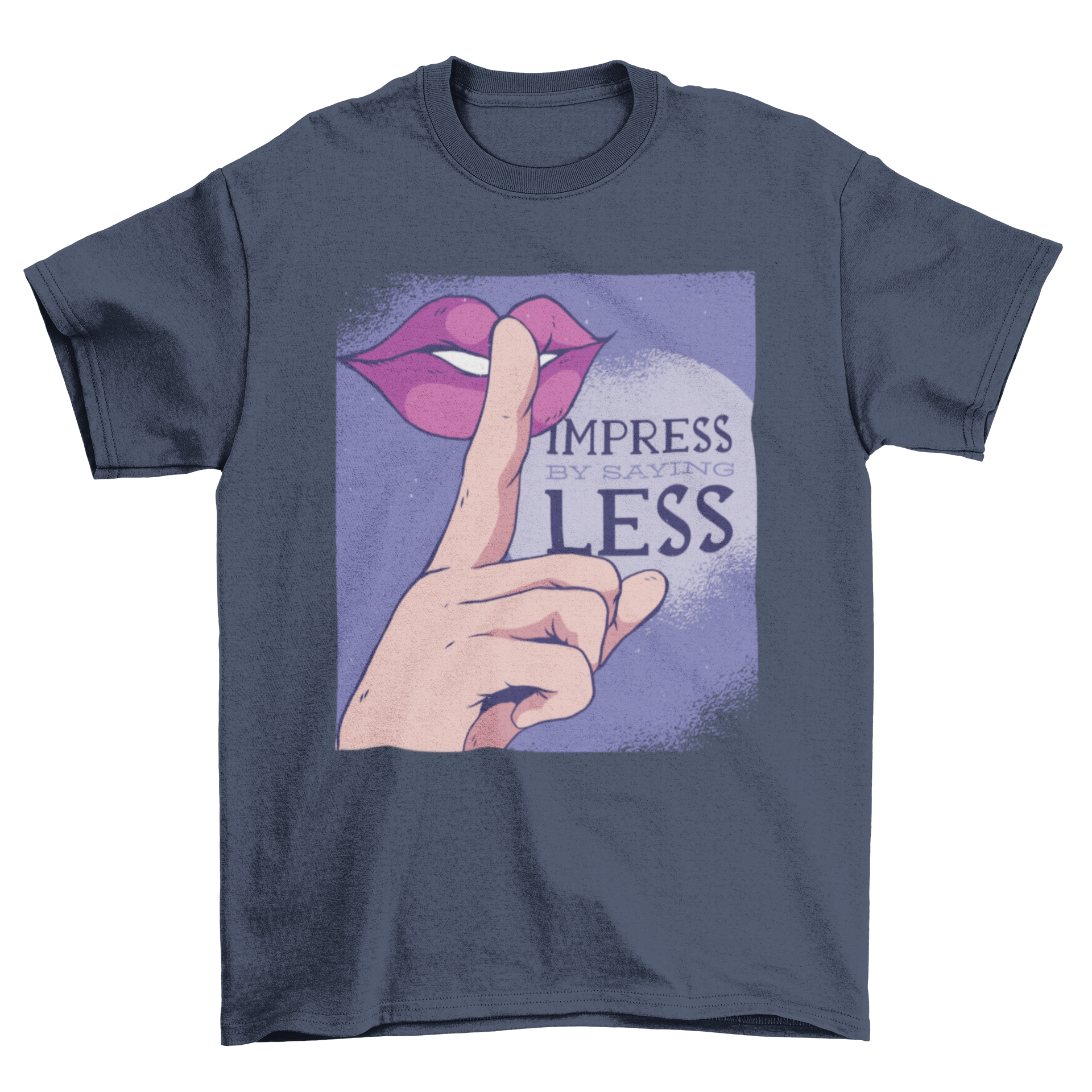 Illustration of glossy lips with an index finger in front, symbolizing silence, featuring the quote 'Impress by saying less'.