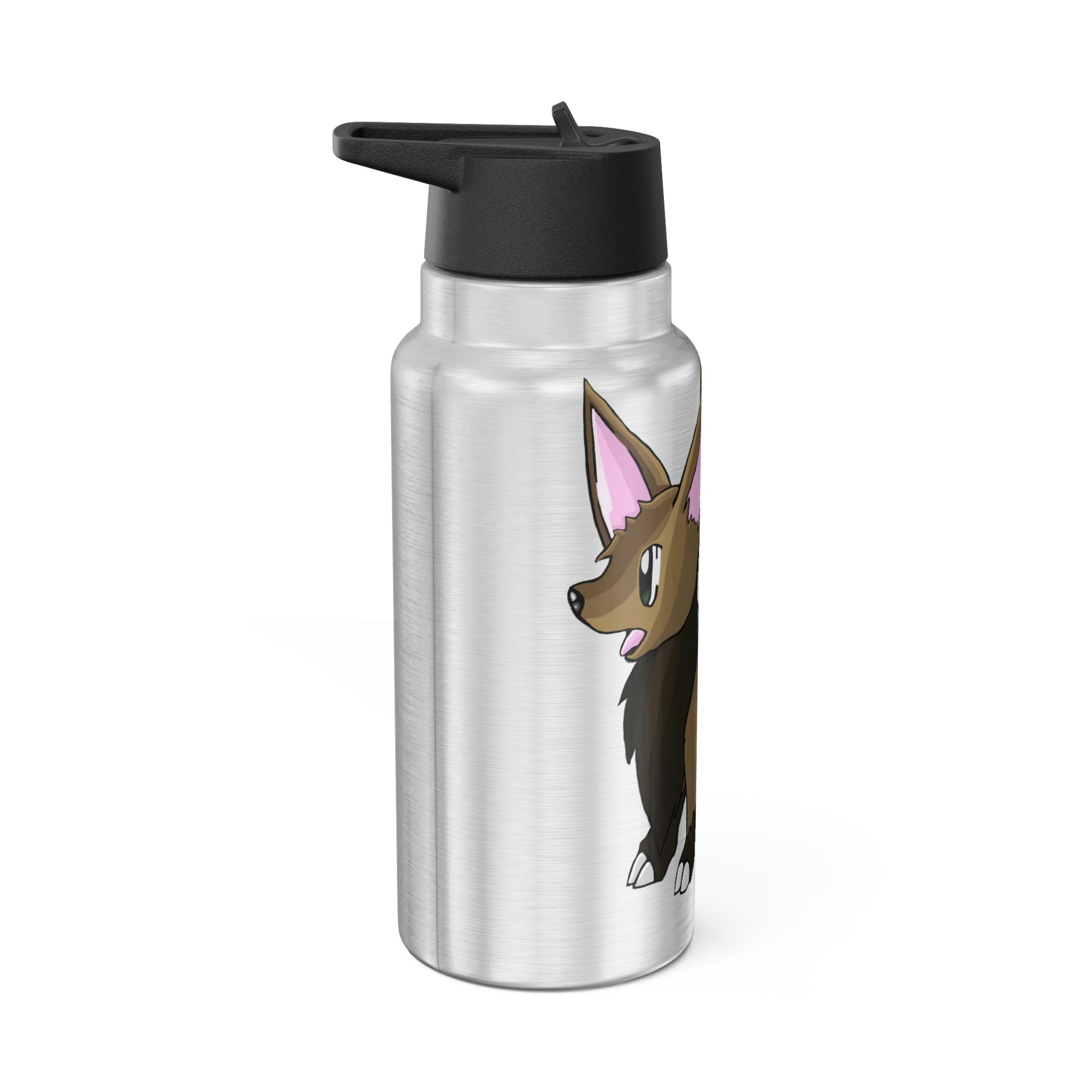 Lipgirl Gator Tumbler in stainless steel with a black screw-on cap and plastic straw, showcasing a customizable design.